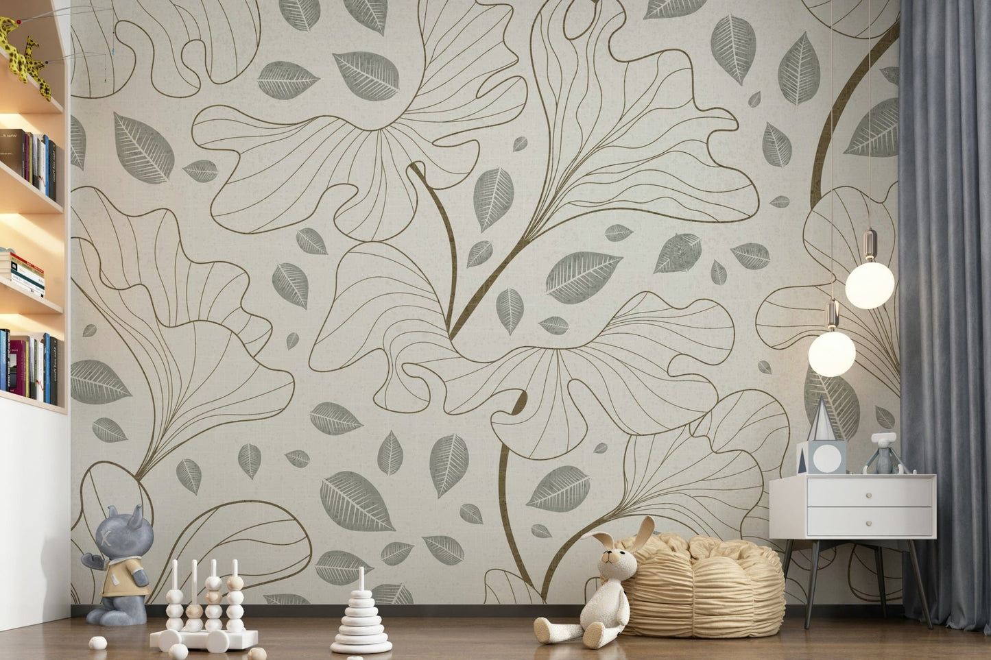 Timeless Ginkgo Garden botanical beige wallpaper for walls.