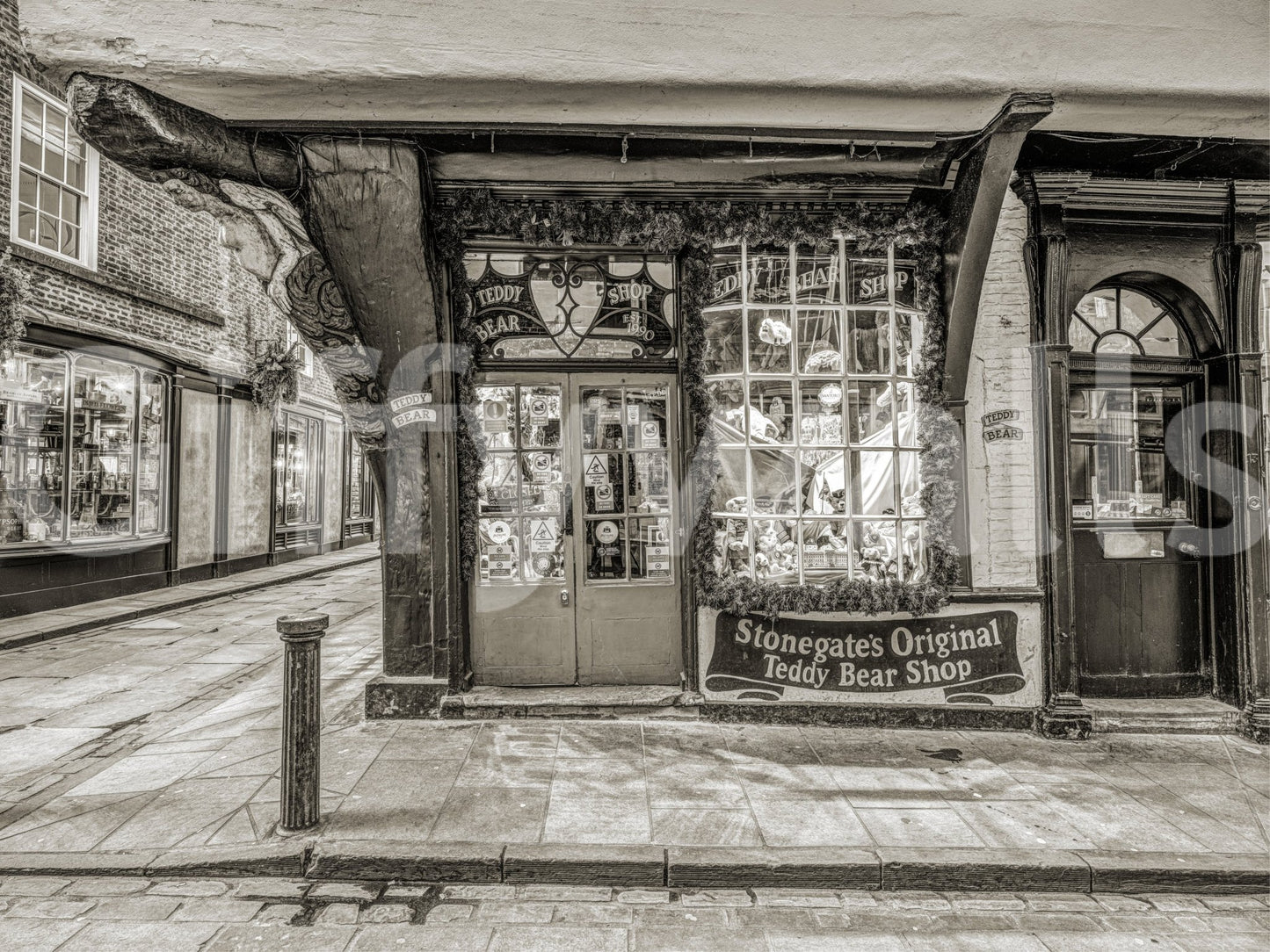 Timeless Toy Storefront Wall Mural with vintage shop windows and old street detail