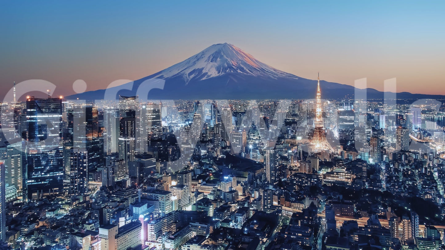 A bright city horizon defines Tokyo Twilight Wall Mural beneath snowy Mount Fuji