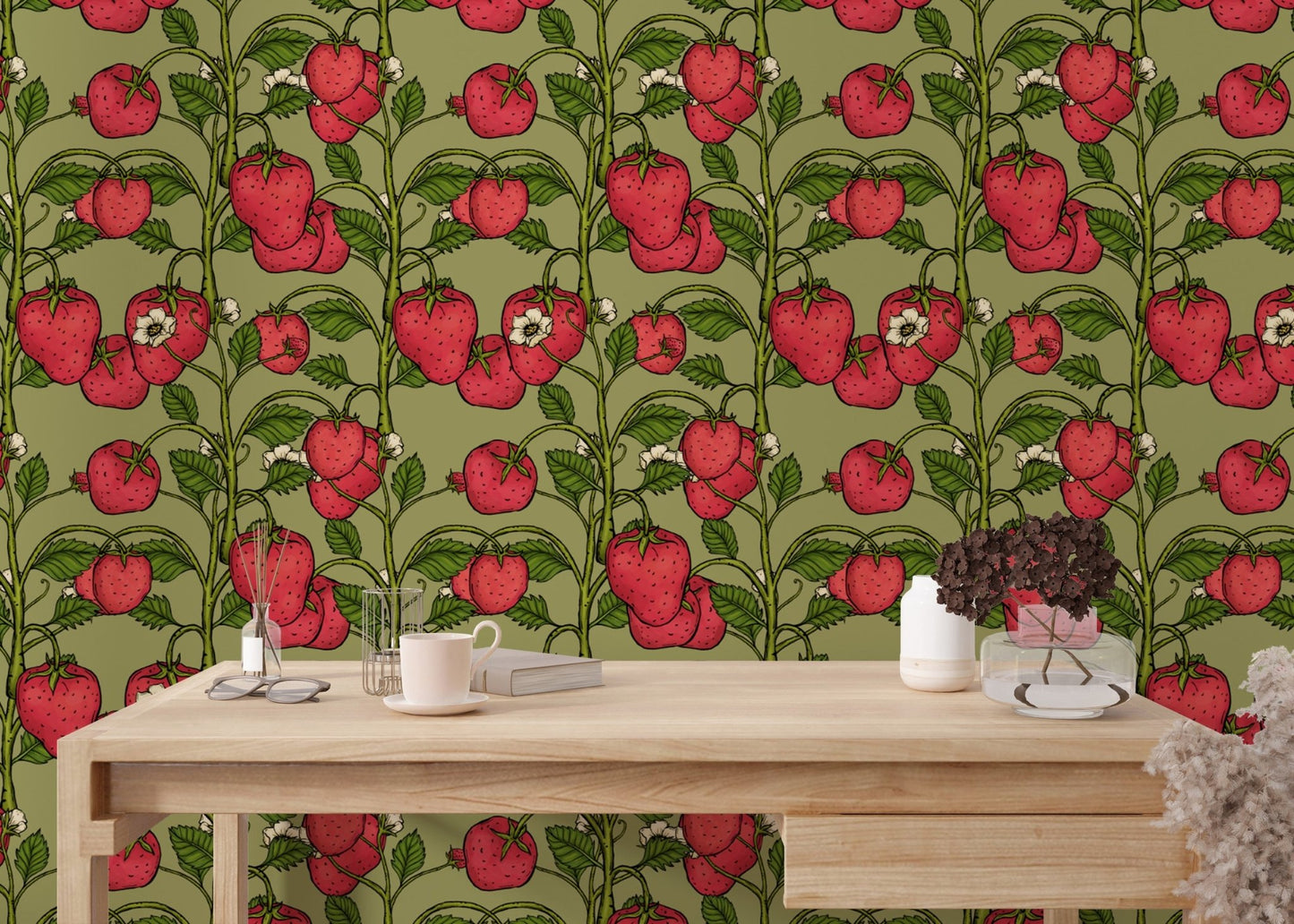 Chic strawberry trail wallpaper in pink and green for bedrooms.