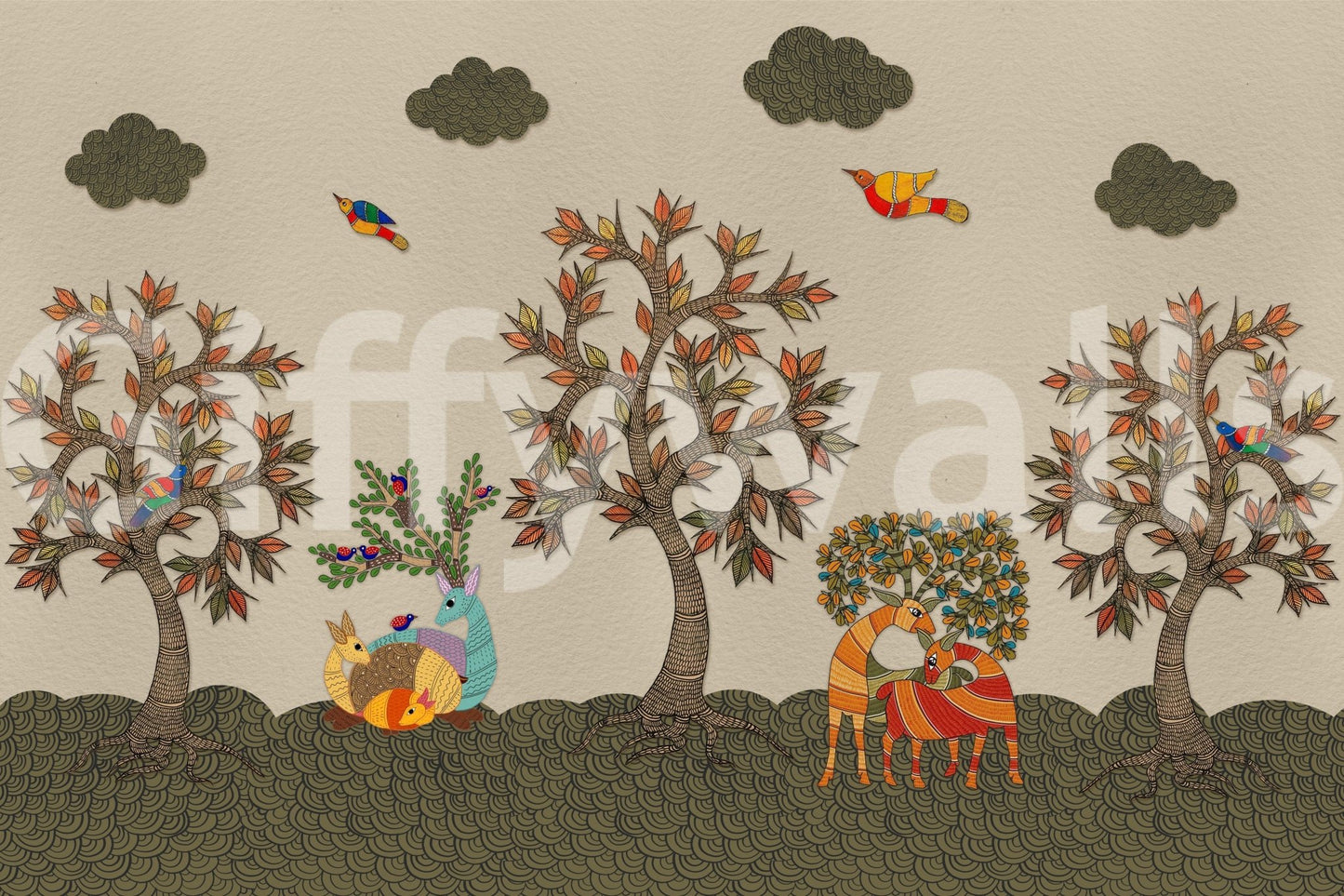 Animal wallpaper with stylized forest life and hand-illustrated details