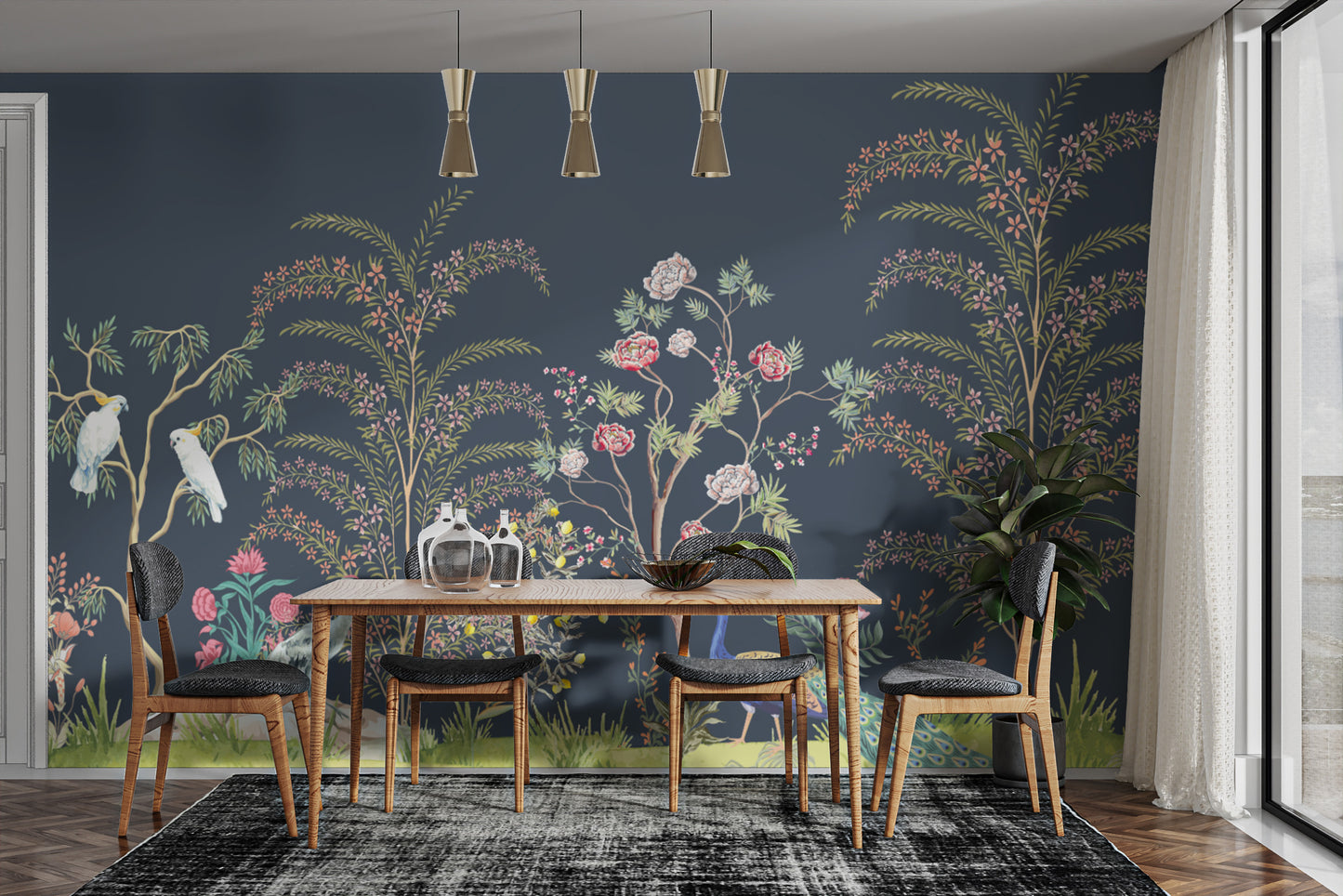 peacocks on floral wallpaper