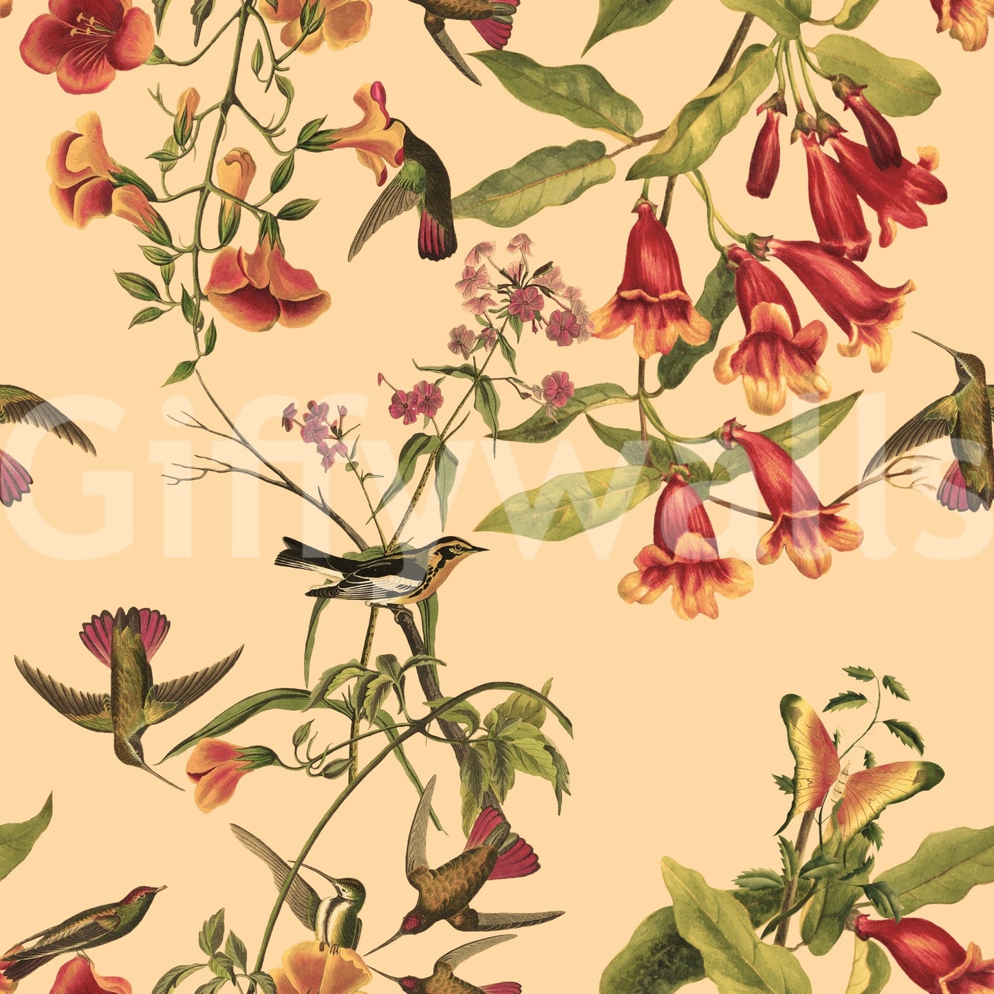 Nature-inspired pattern on Tropical Flowers and Hummingbirds wallpaper