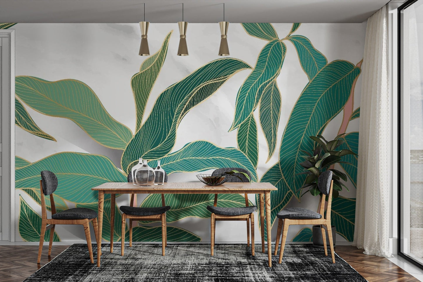 Stylish Tropical Gold Rimmed Leaves Mural
