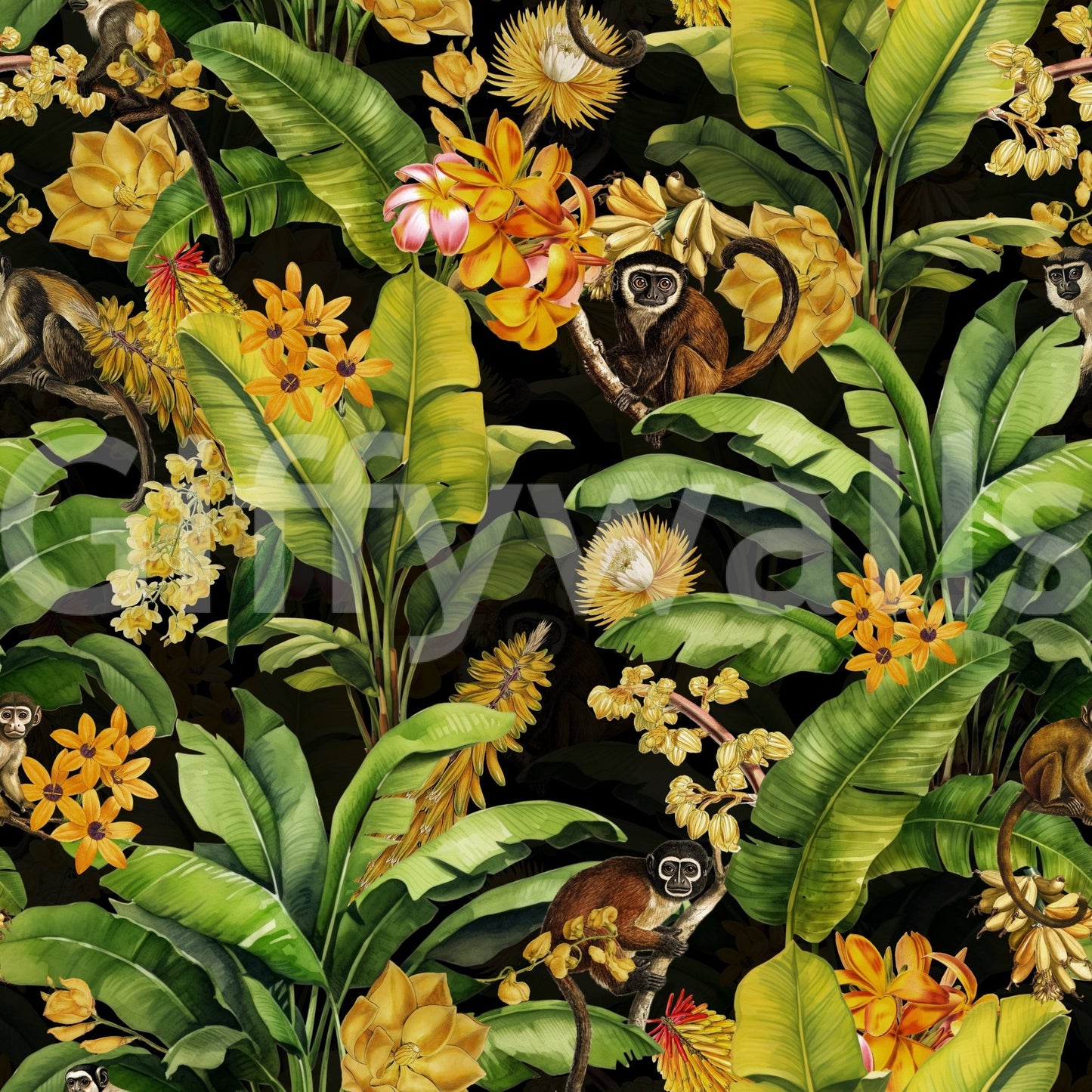 Playful monkeys amidst tropical greenery wall mural