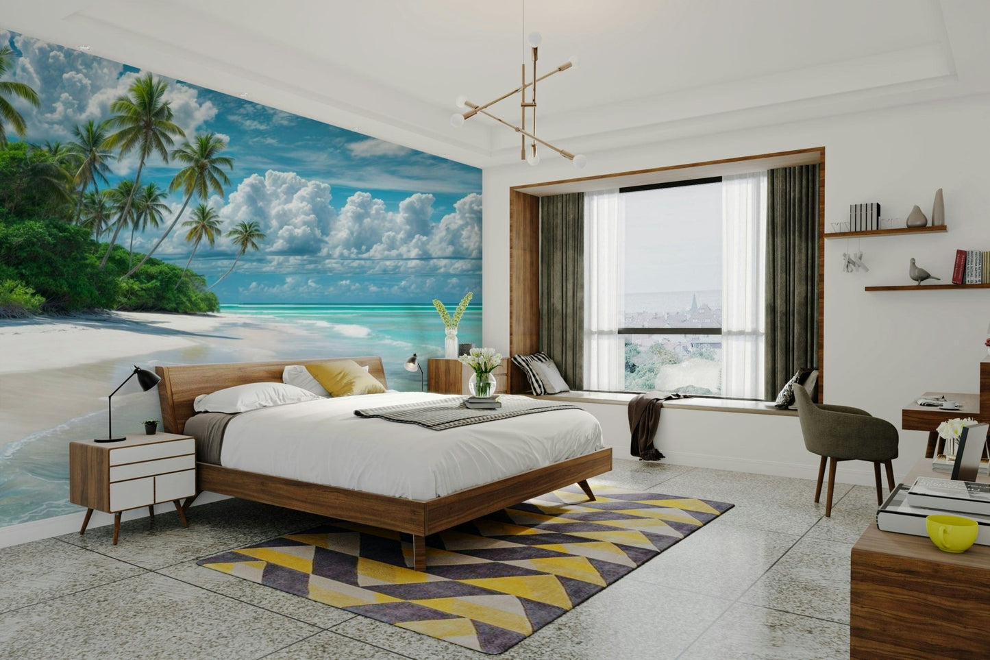 Relaxing coastal view with palm trees and sea