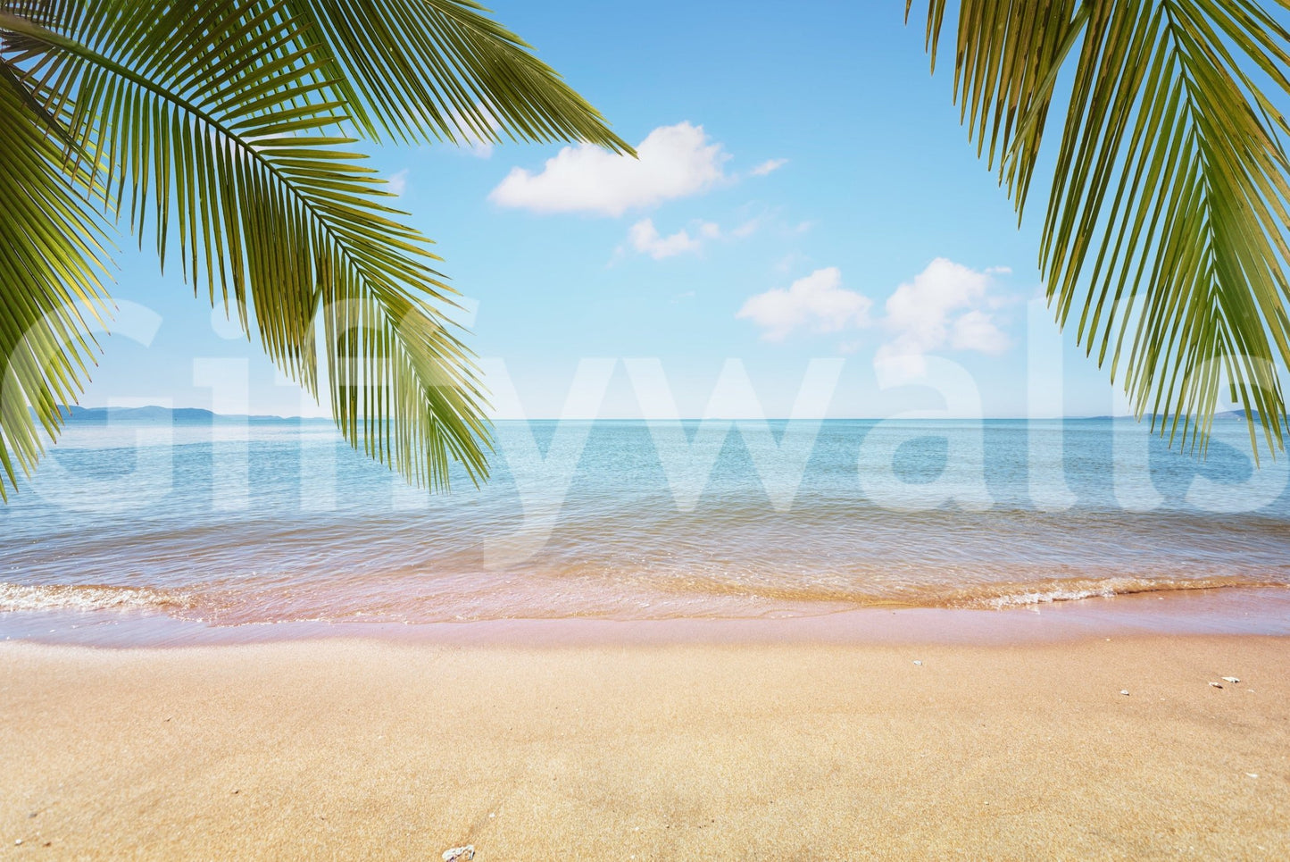 Tropical Shore wall mural with palm leaves, calm sea, and soft sandy beach ahead, GD7943