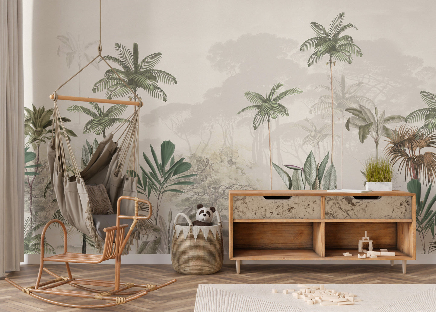 Artistic white tropical trees wallpaper design