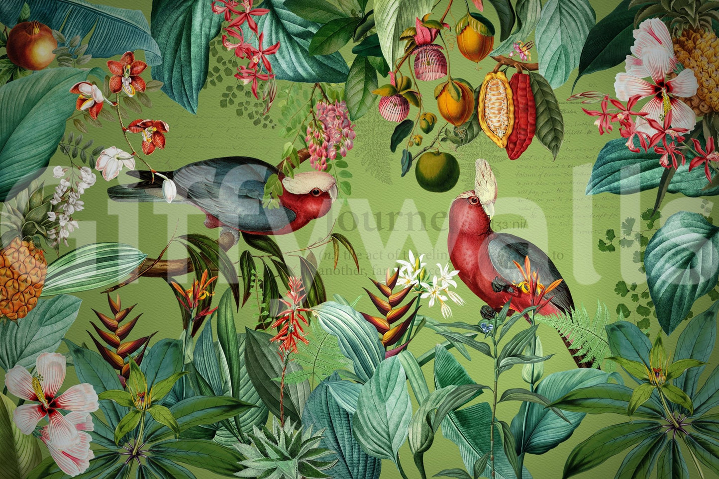 Tropical vintage mural featuring lush wildlife journey.