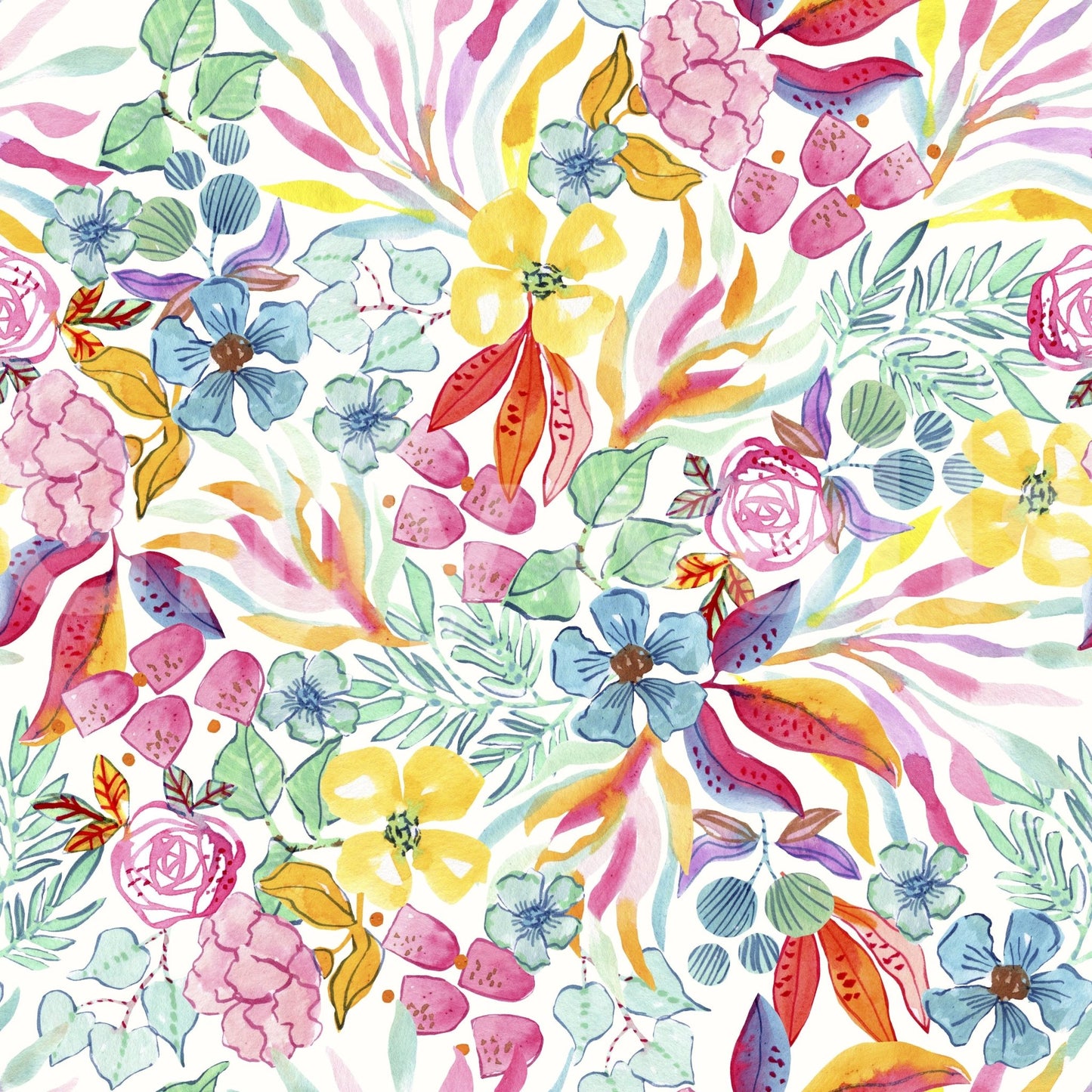 Bold green and blue tropical watercolor wallpaper design.