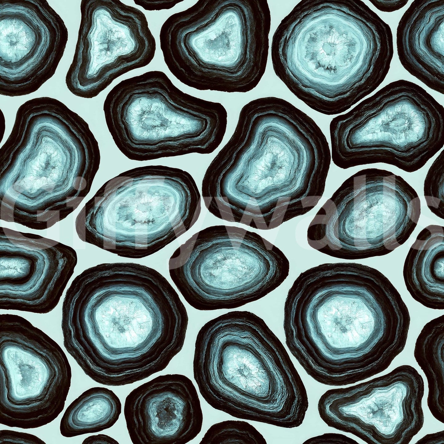 Striking Turquoise Agate Flow mural, concentric rings, dark shapes.