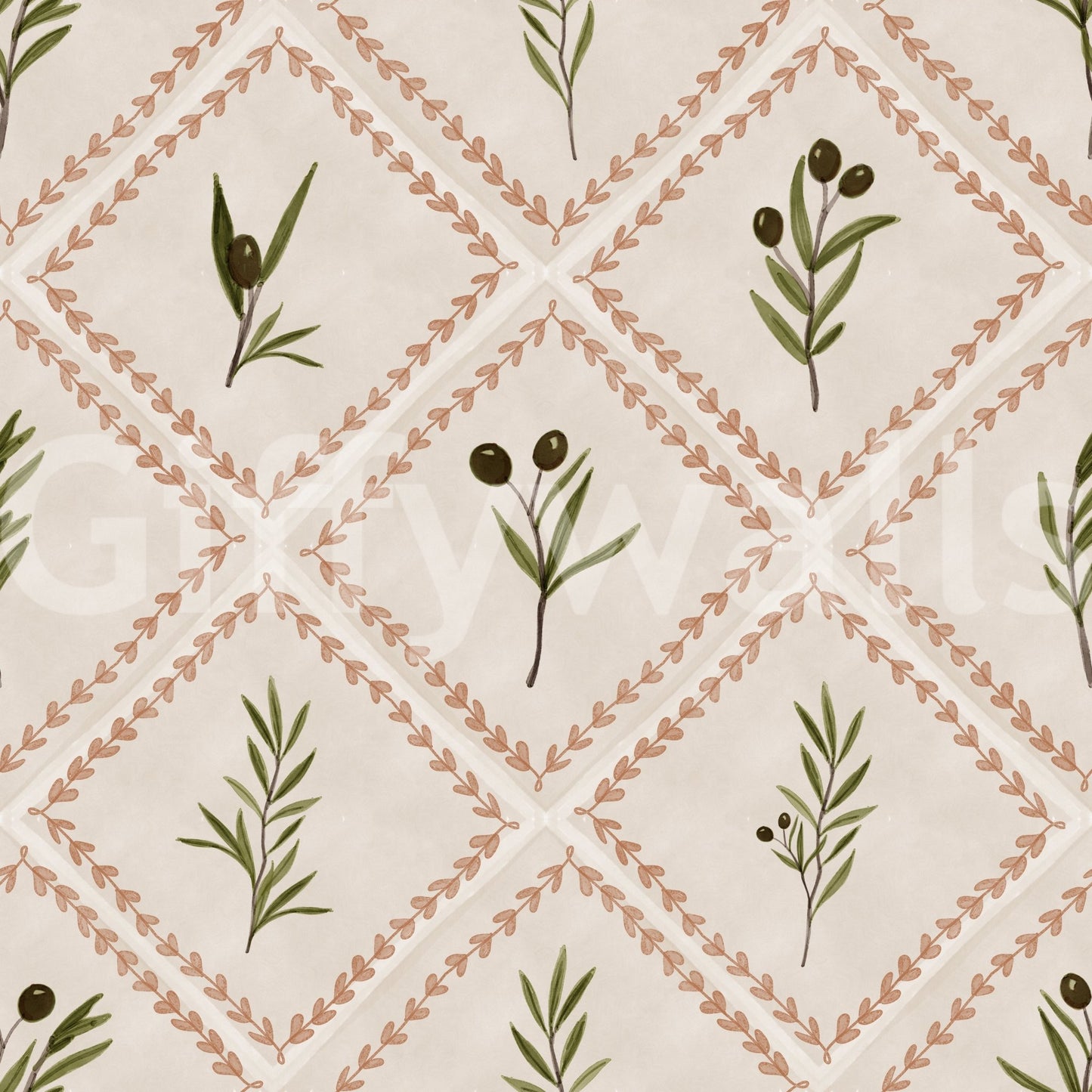 Cream backgrounds keep olive details sharp inside each diamond of this rustic wallpaper.GD9586