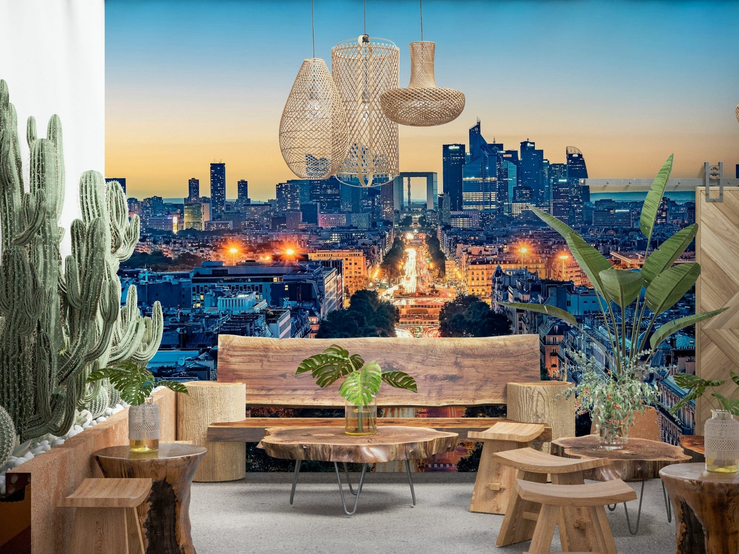 Twilight Metropolis wallpaper mural featuring glowing urban skyline.