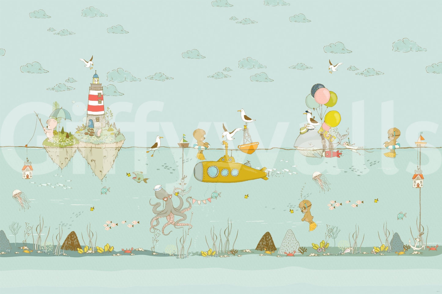 A high-quality serene ocean wall mural for walls.
