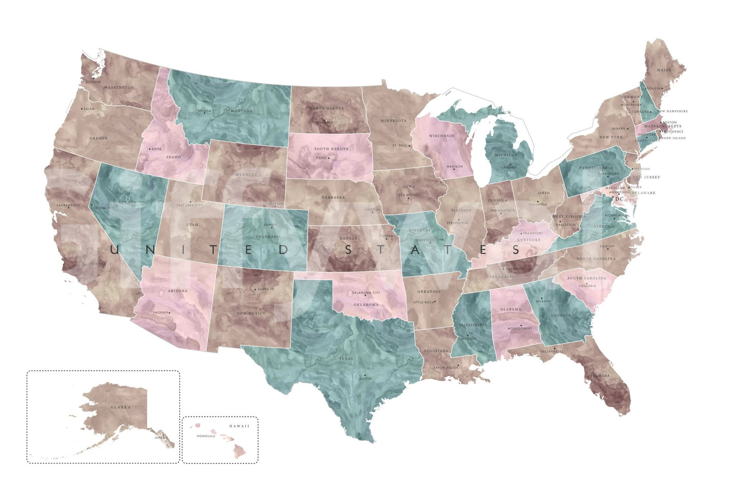 USA map with states and capitals in muted watercolor Wall Mural
