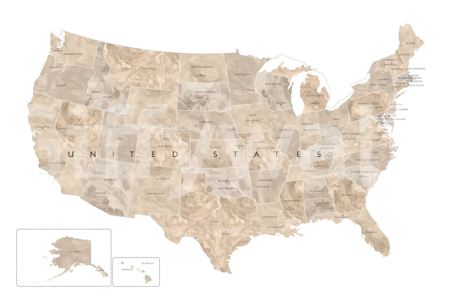 USA map with states and capitals in tan watercolor Wall Mural