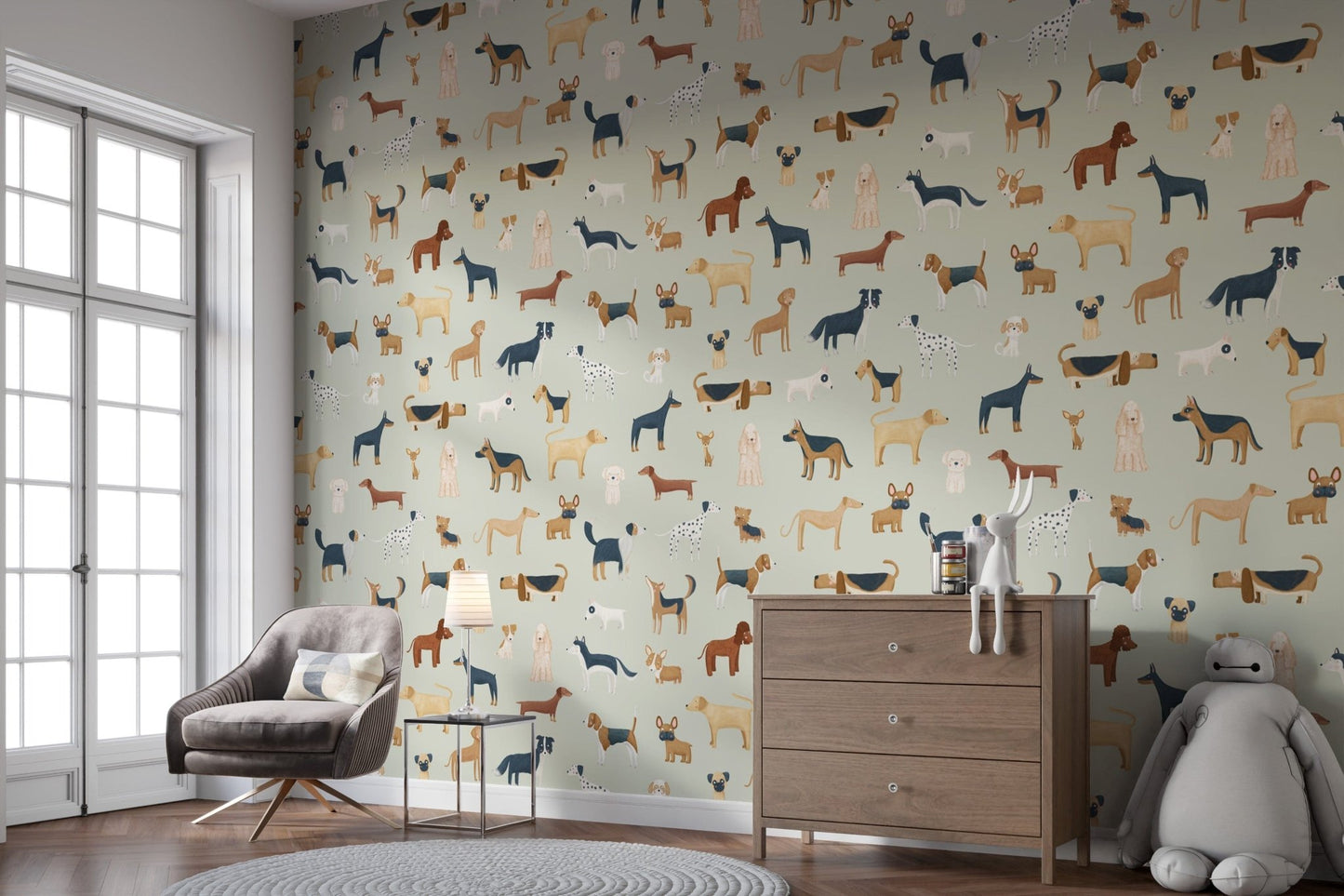 Cheerful pup pattern wallpaper for nursery design