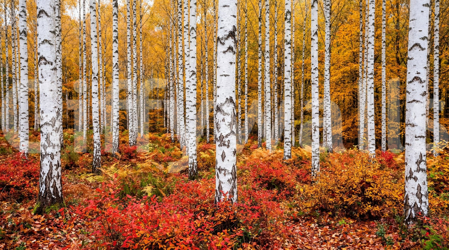 Nature birch wall mural featuring Vibrant Autumn Birches scenic detail