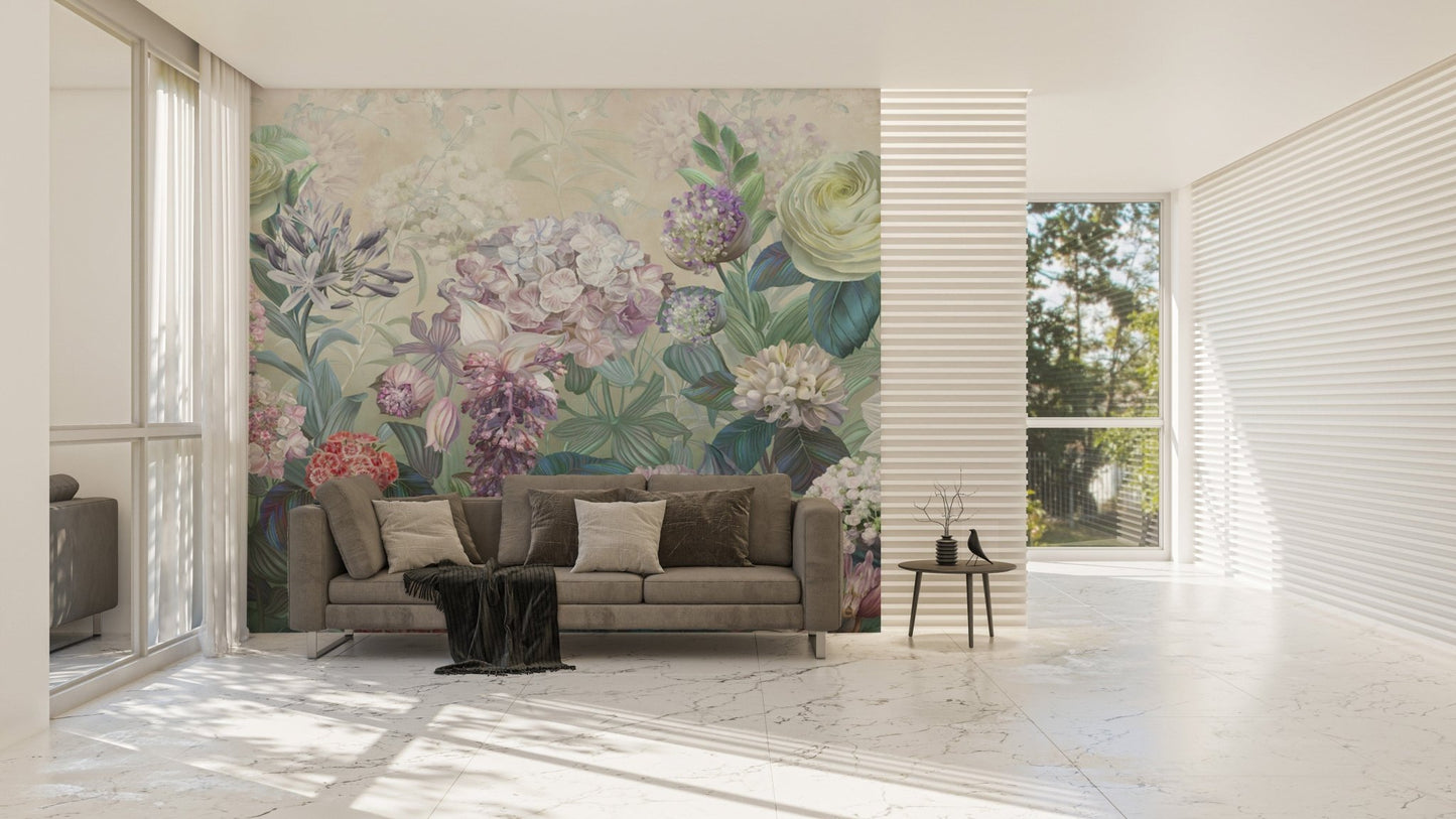 Lush floral wallpaper featuring hydrangeas