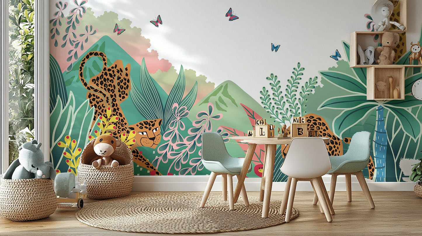 Tropical jungle with leopards and giraffe art B085