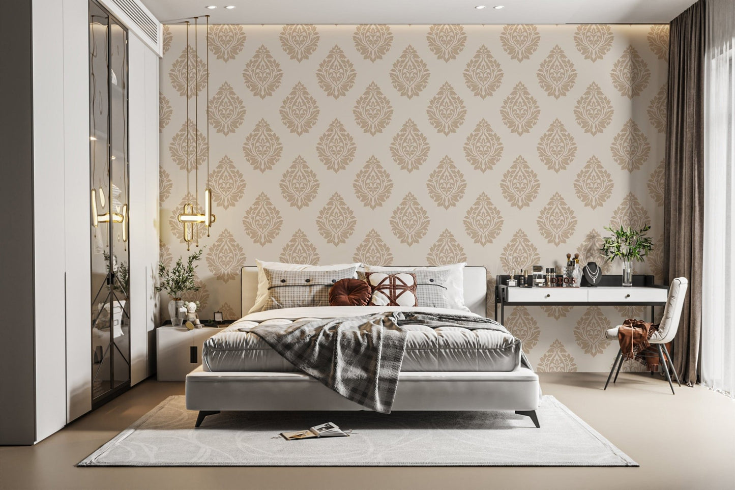 Beige damask repeat wallpaper for traditional Victorian interiors. damask-20