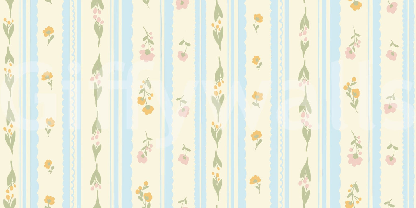 Soft cream and blue wallpaper with a repetitive vintage floral design.