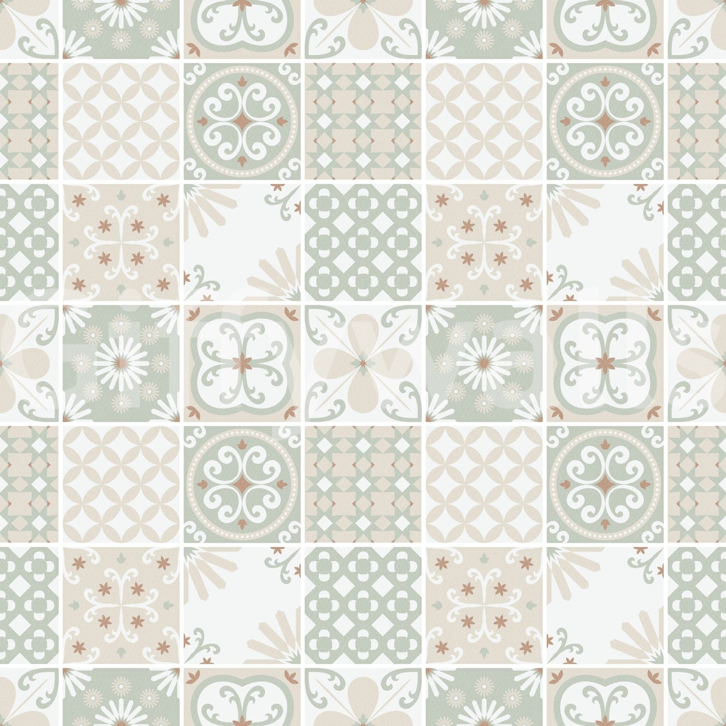 Subtle rustic texture in the beautiful Vintage Folk Tiles Green Wallpaper design.