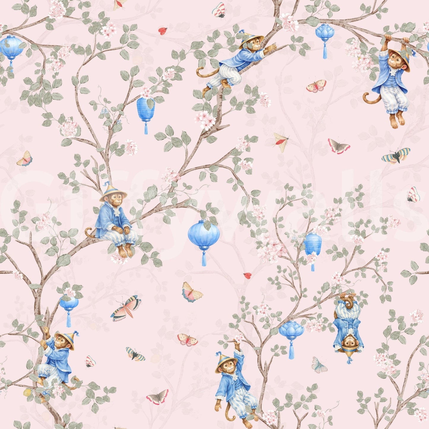 Close-up of Vintage Rococo Chinoiserie pink Wallpaper with floral and bird details, GD8643