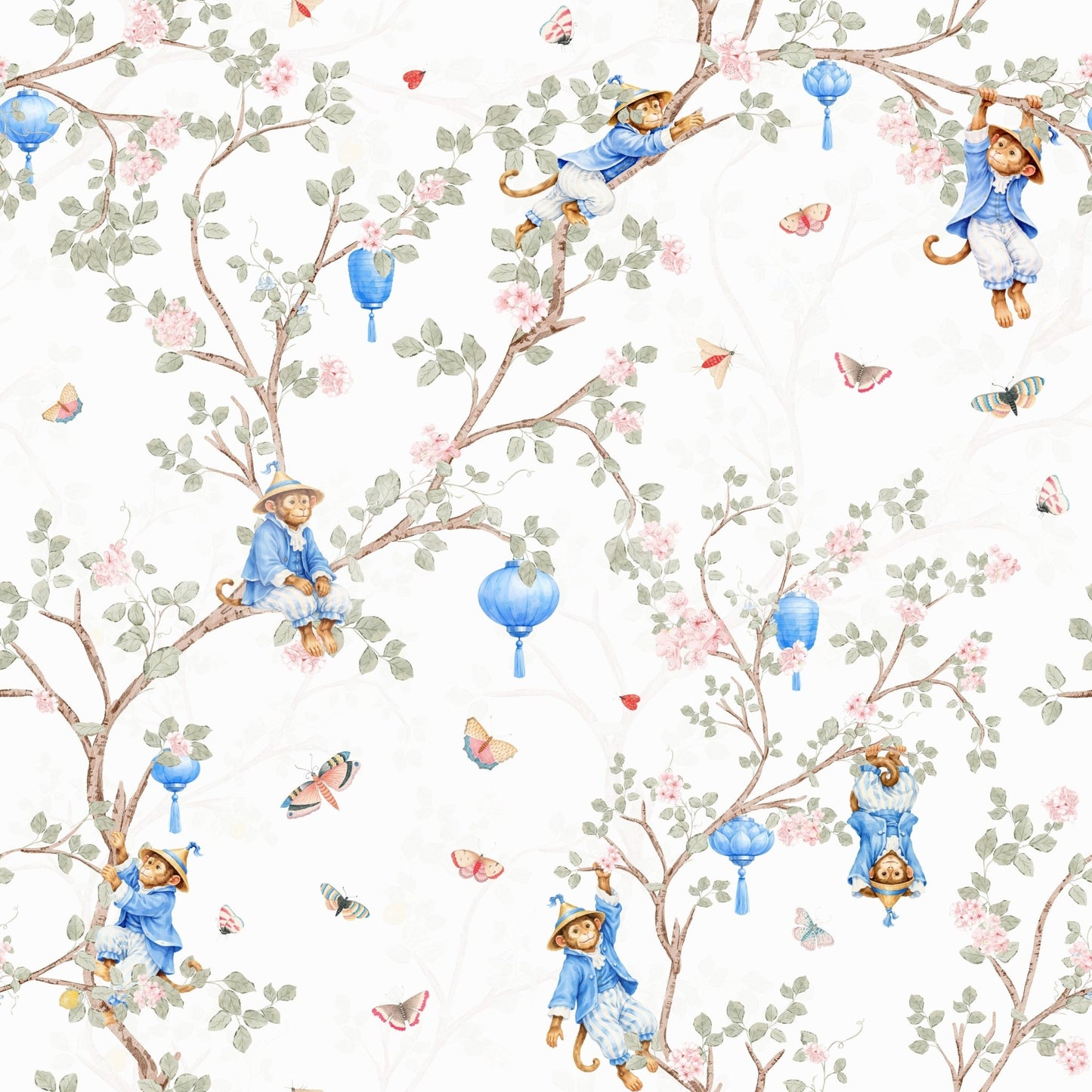 Vintage Rococo Chinoiserie White Wallpaper close-up with monkeys and sakura