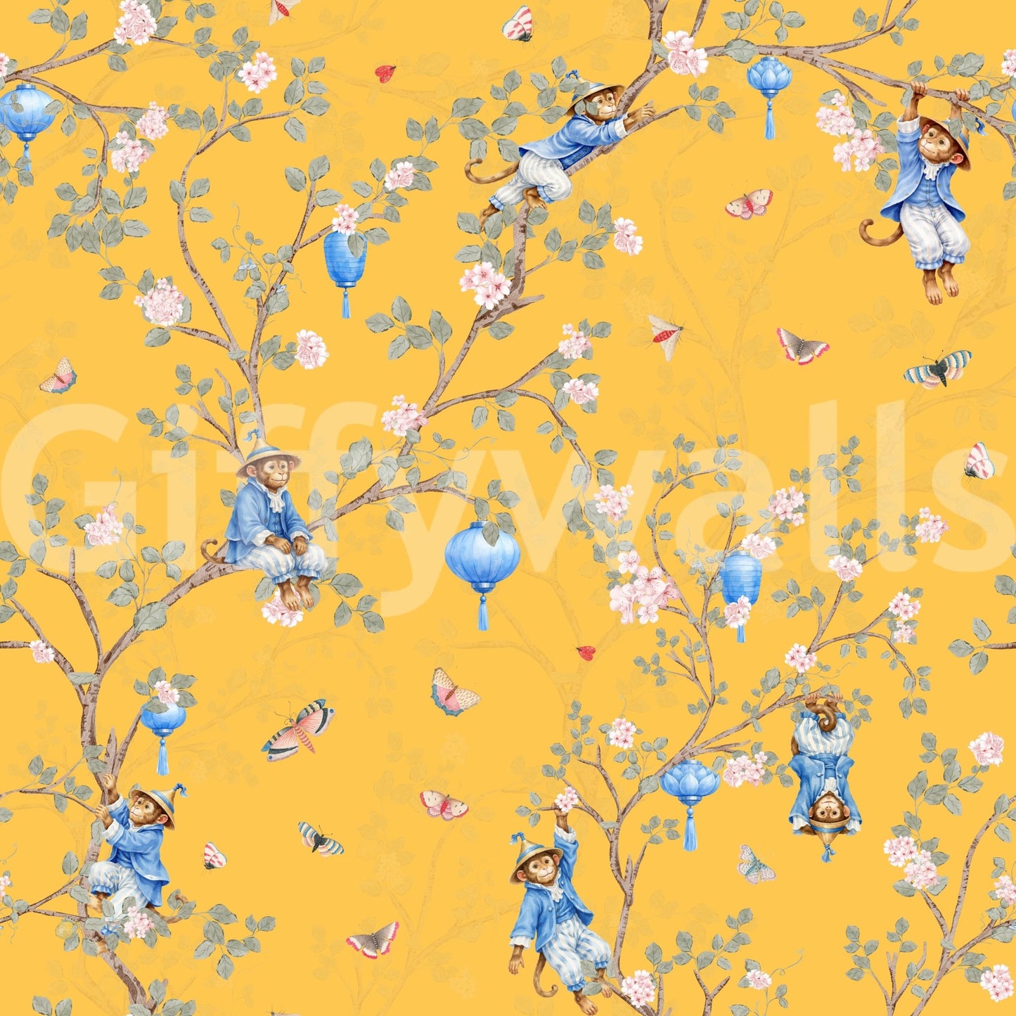 Vintage Rococo Chinoiserie Asian Lanterns with Monkeys and Sakura Flowers yellow Wallpaper