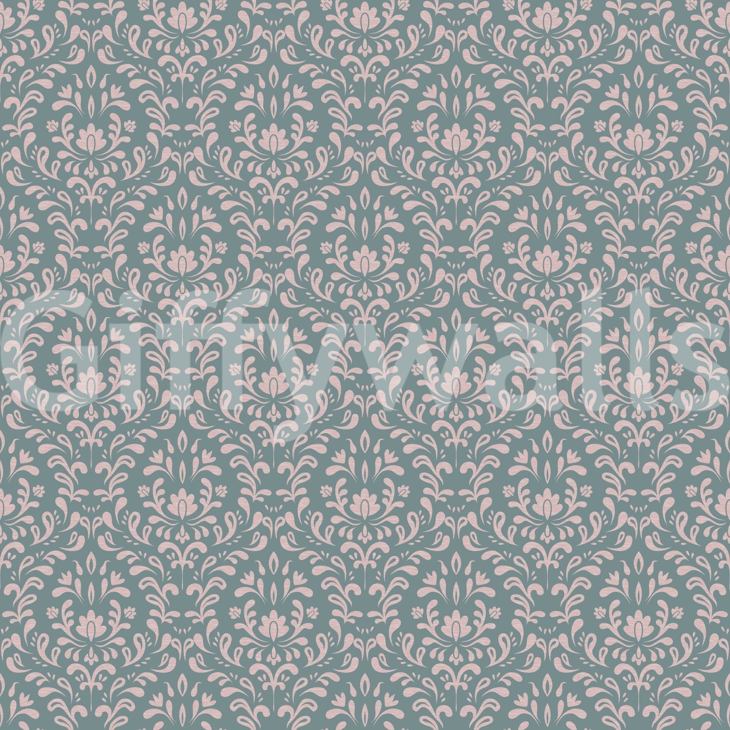 Decorative teal wall mural with a symmetrical pink damask motif
