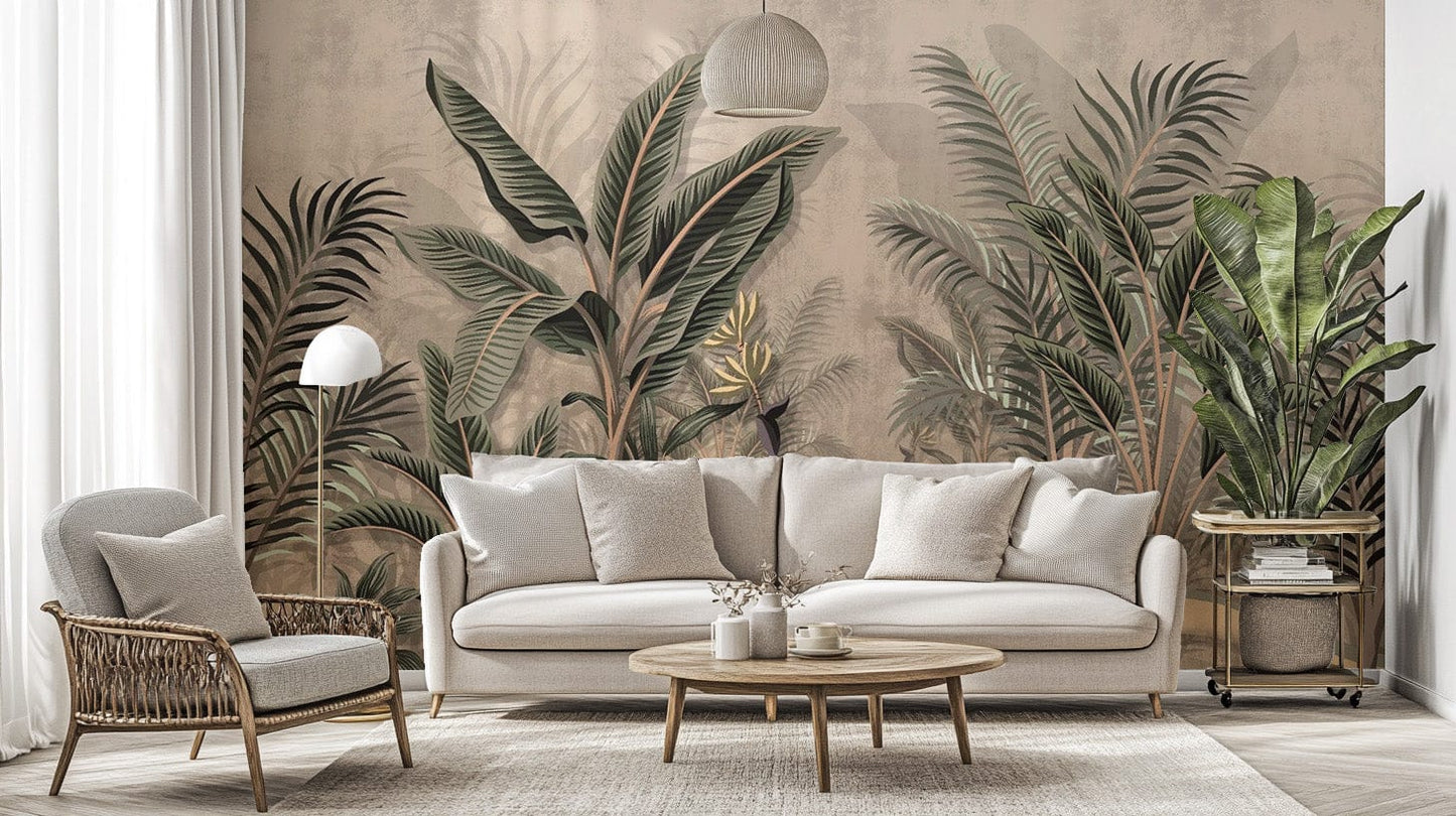 Bold tropical palms mural featuring a vintage-inspired design.