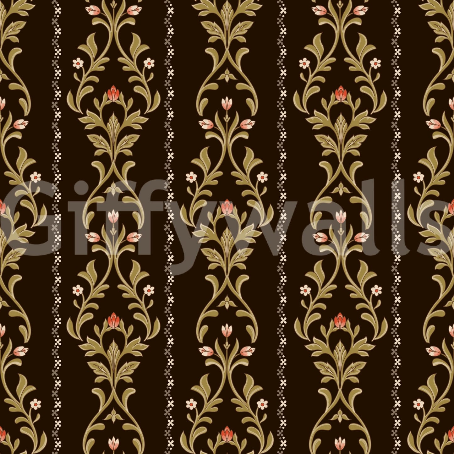 Elegant Vintage Vine Wallpaper pattern with scrolling leaves and delicate bloom accents