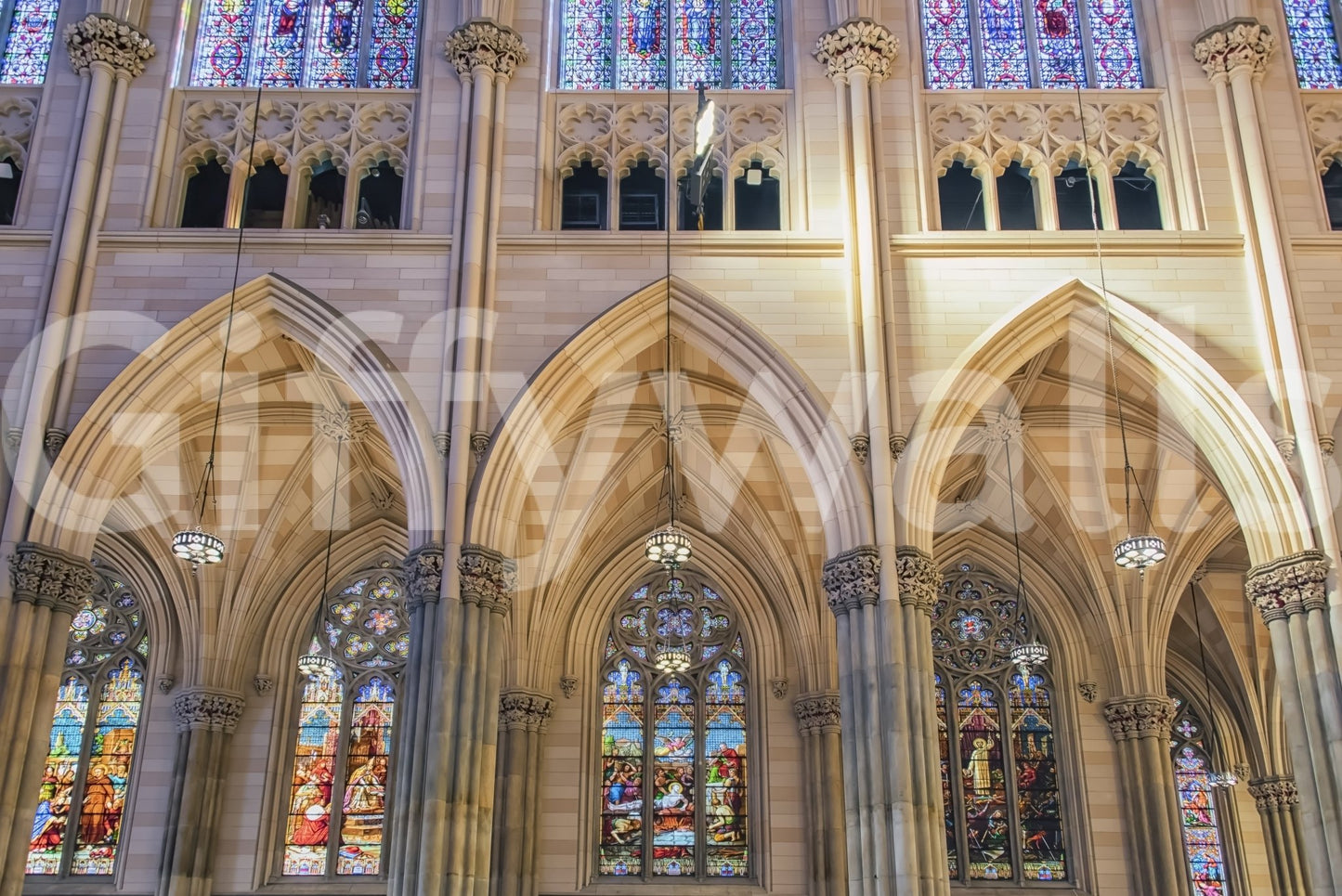 Stained glass and stone arch mural for living room