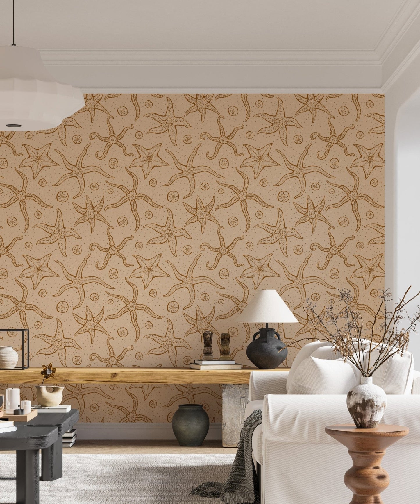 Sophisticated echinoderms wallpaper in warm brown for modern decor. RNM34