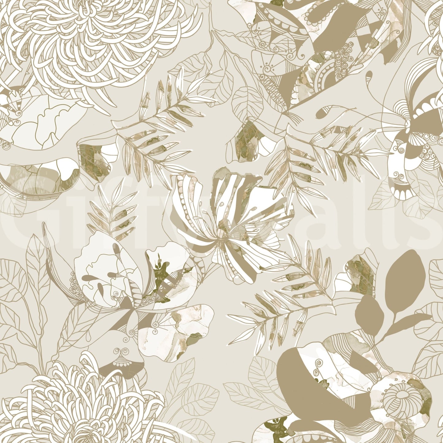 Fine botanical linework shapes Warm Neutral Chrysanthemum wallpaper with balance