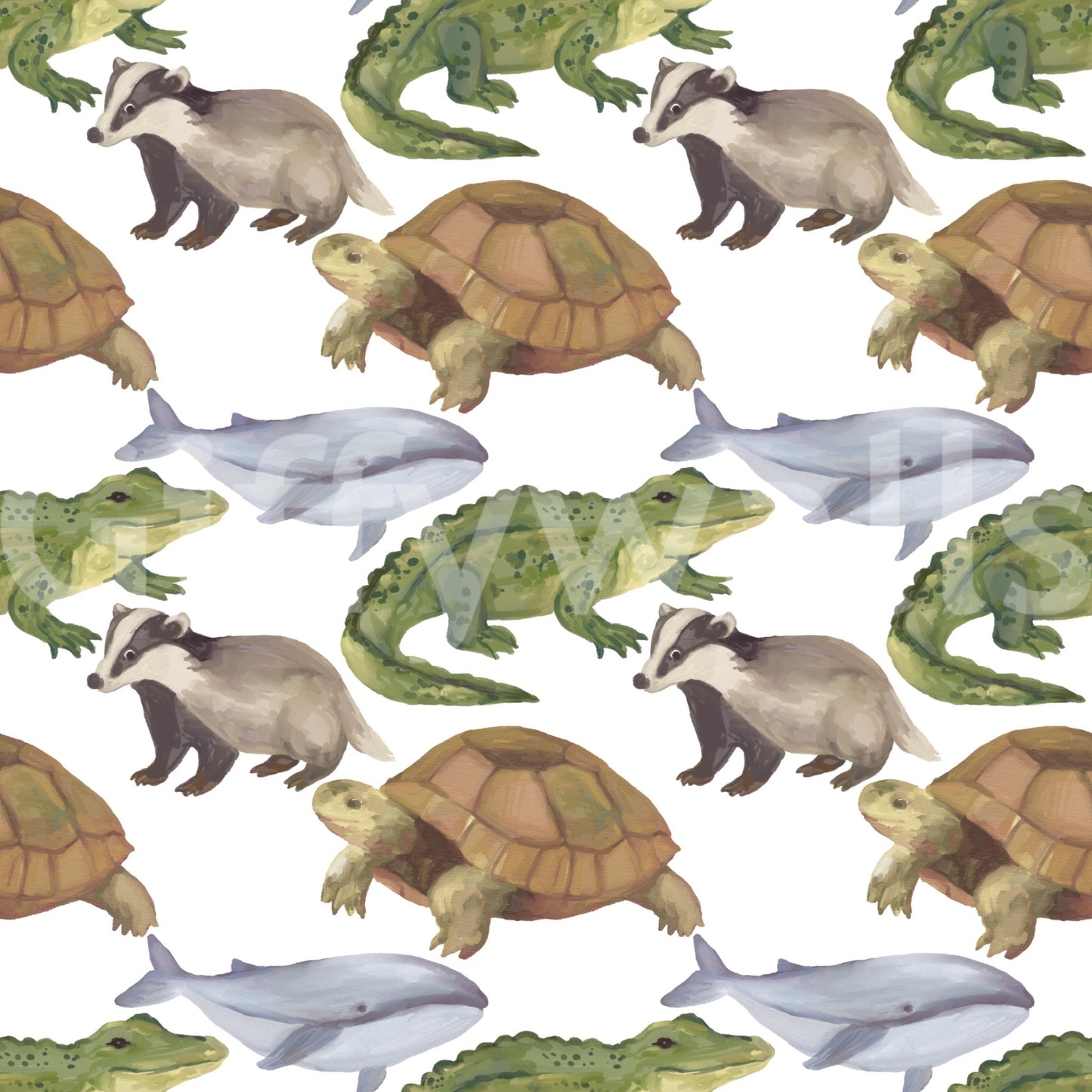 Watercolor Animals Tortoise Crocodile Whale themed kids room Wallpaper