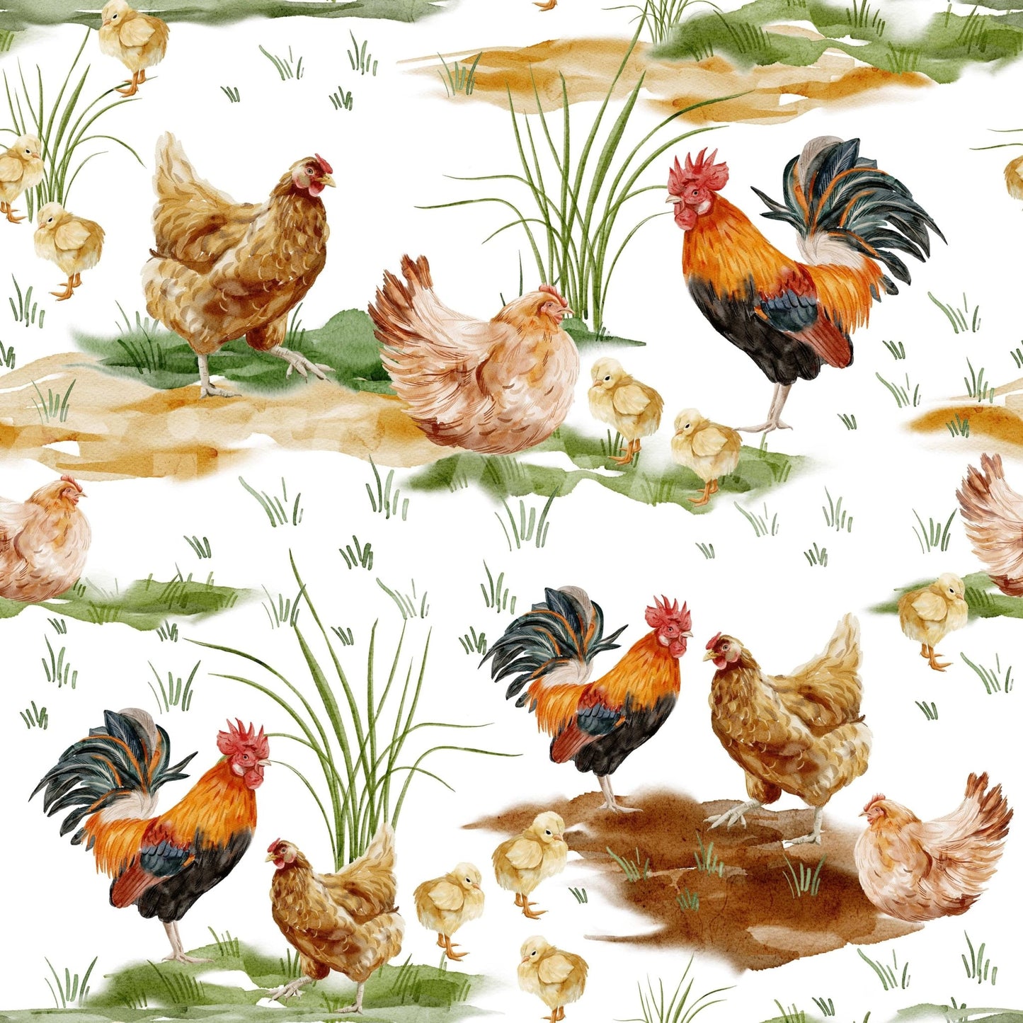 Unique kitchen wall covering, lively chicken motif, Watercolor Chicken Coop.