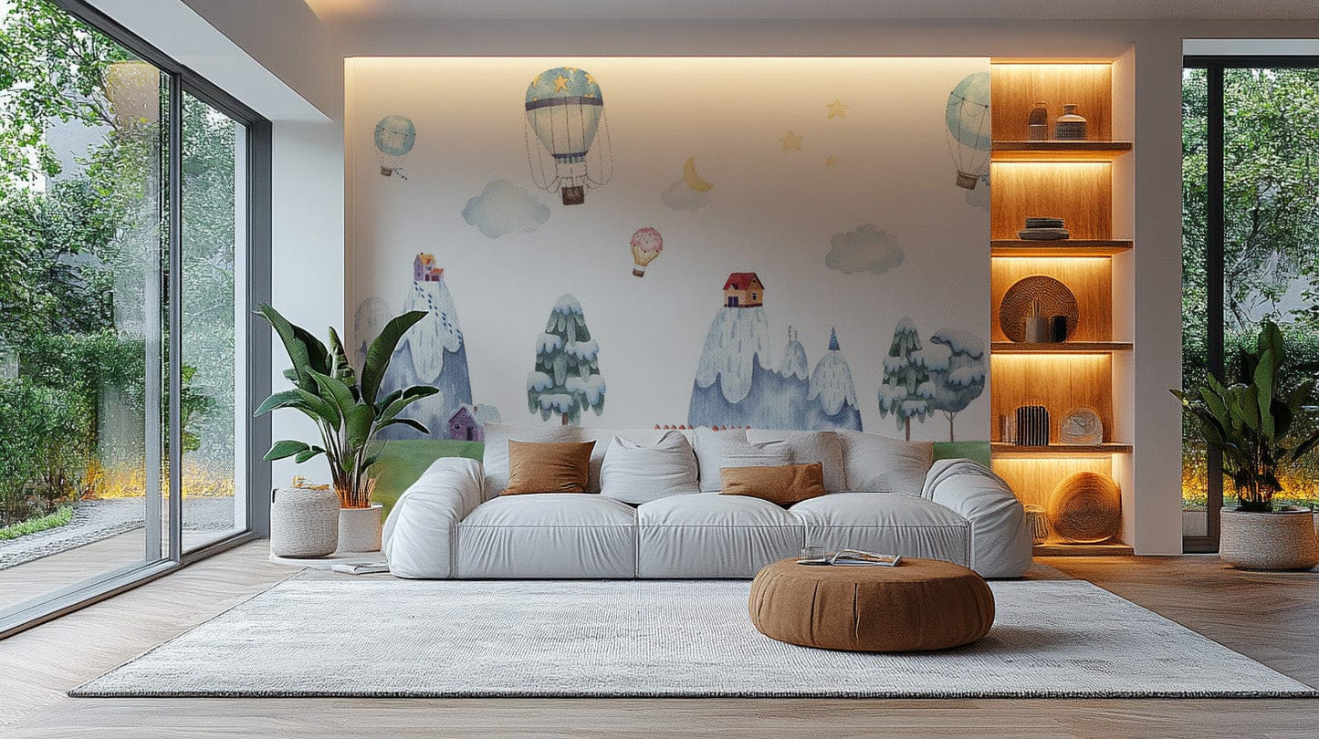 Whimsical wallpaper with hot air balloons and mountains