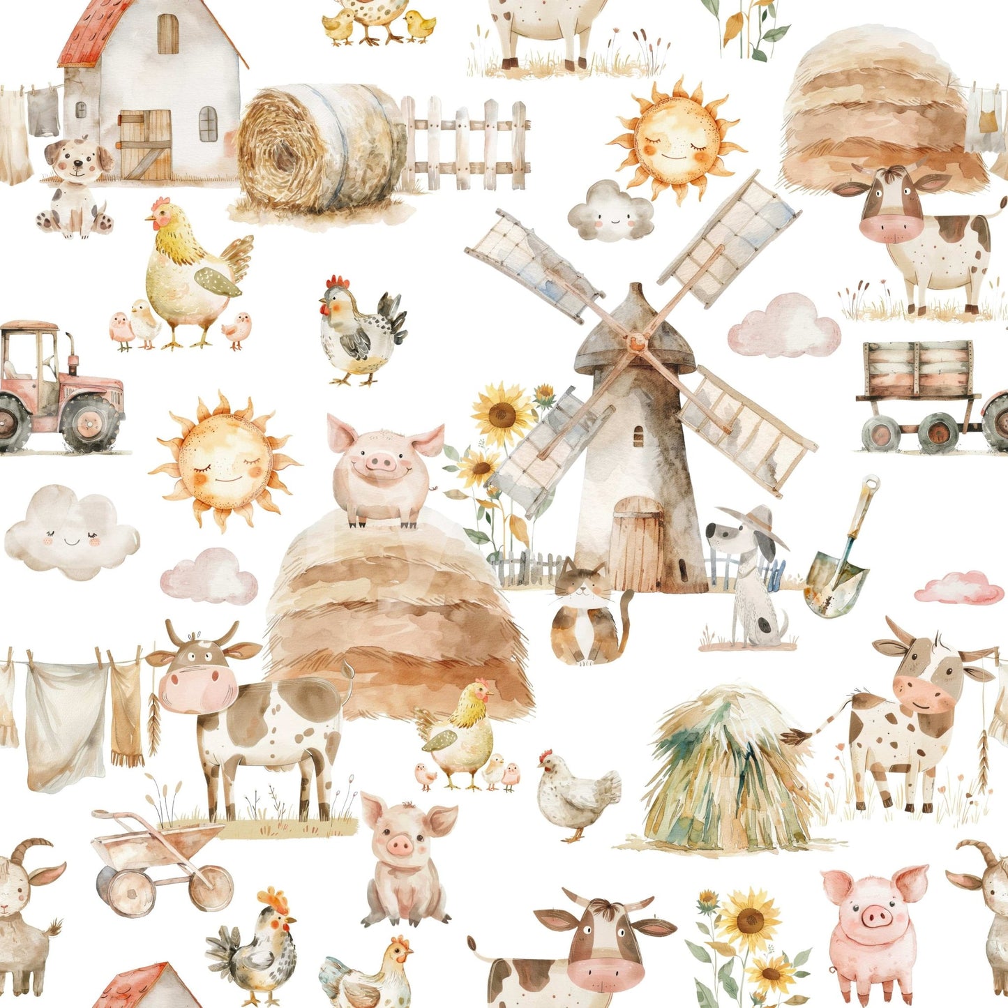 Happy pigs cows peel and stick wallpaper Watercolor Farm Fun., GD7215