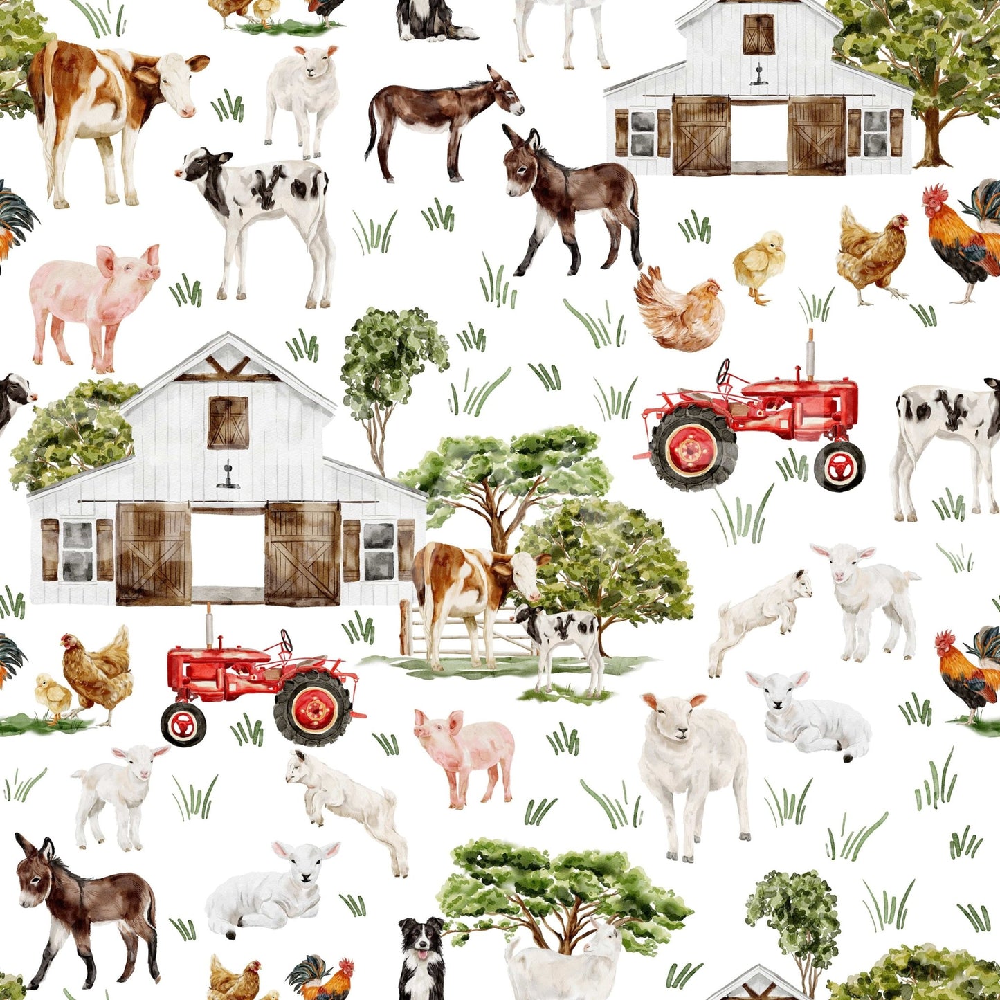 Rolling hills and farm animals Watercolor Farm Life wallpaper mural.