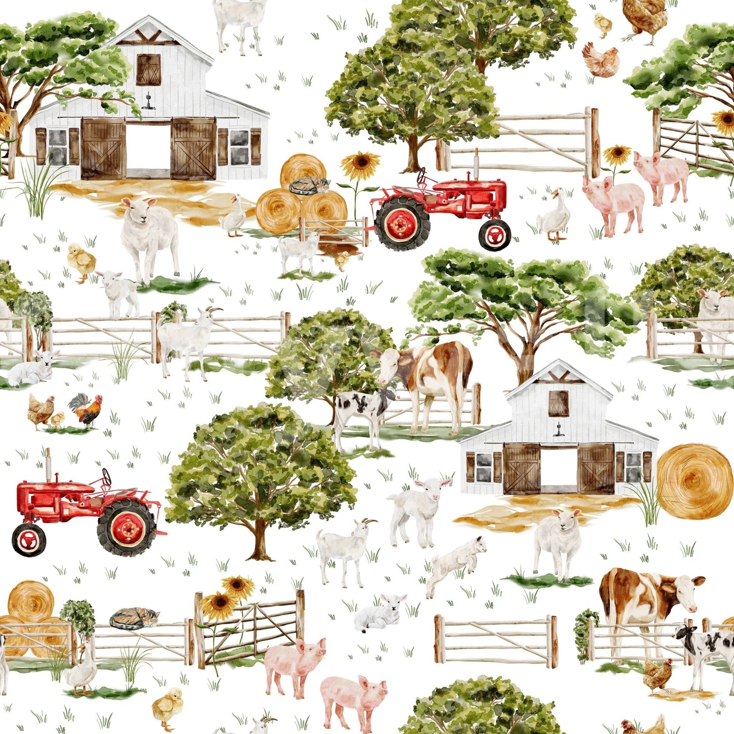 Countryside landscape Watercolor Farm Life wallpaper for walls mural.