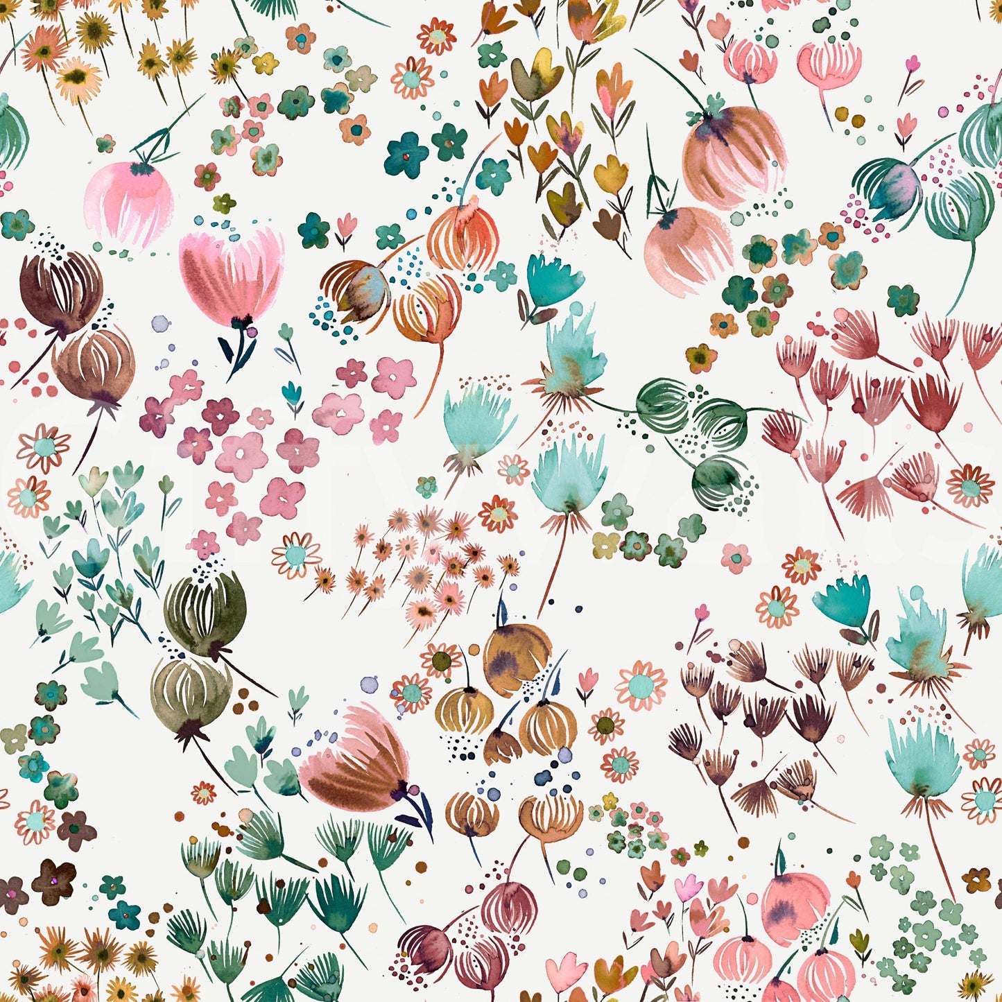 Watercolor Flower Buds Green Orange Wallpaper