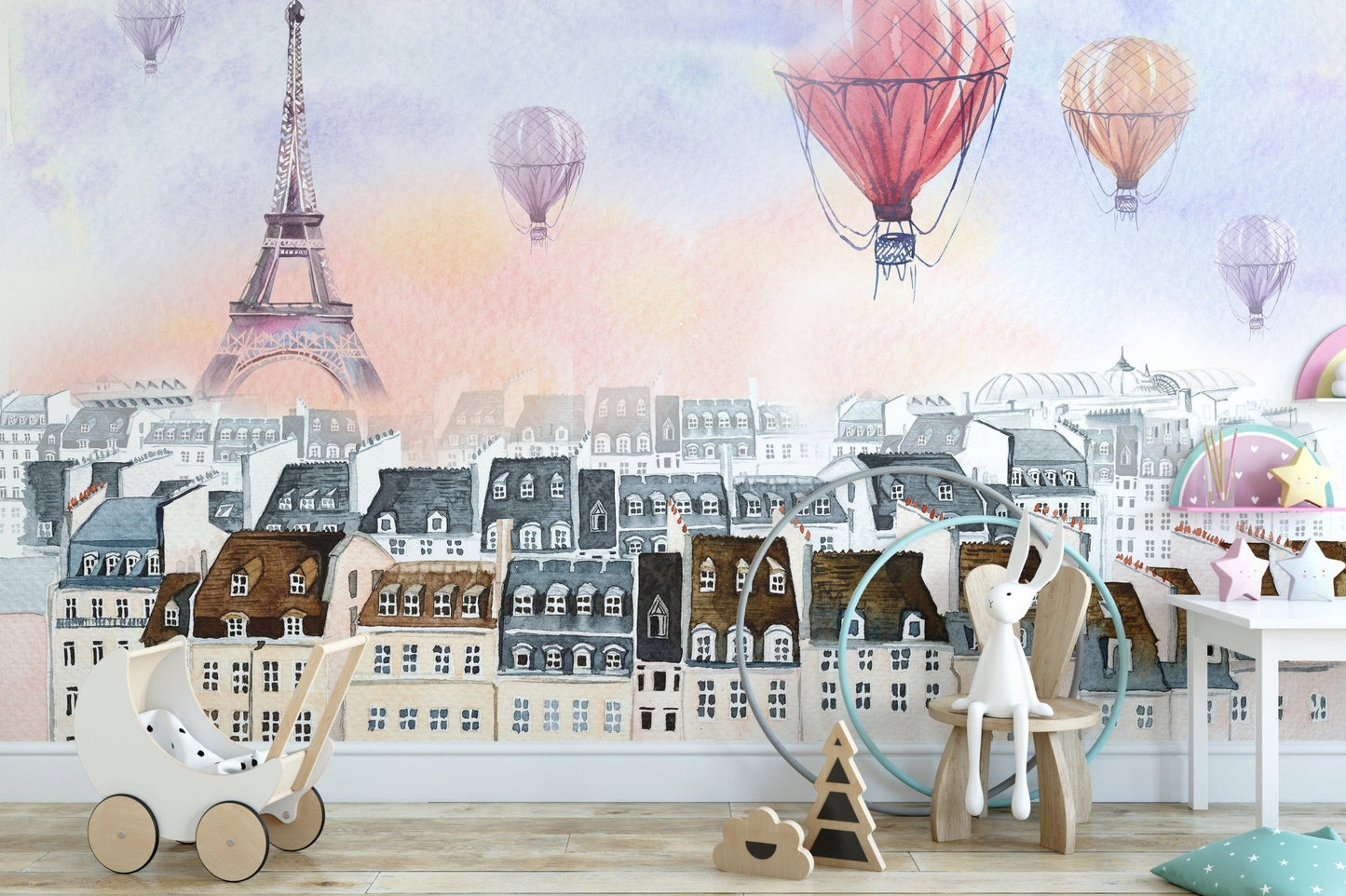 Watercolor skyline of Paris wallpaper with balloons flying A811