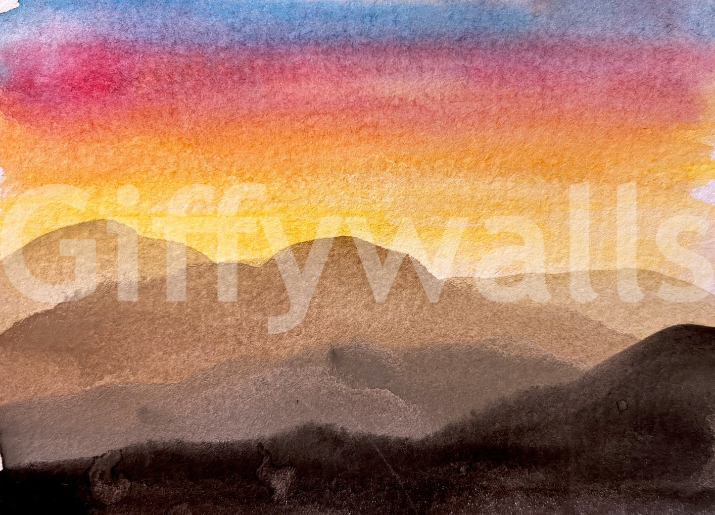 Watercolor Sunset wall mural with calm sky and earthy landscape