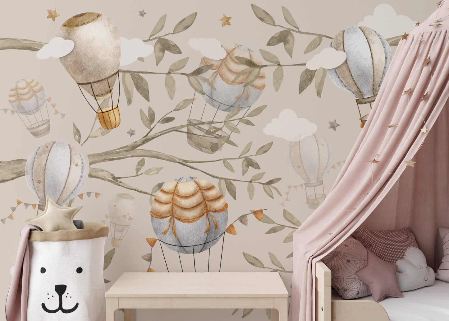 Charming air balloon wallpaper for whimsical nursery decor., C150