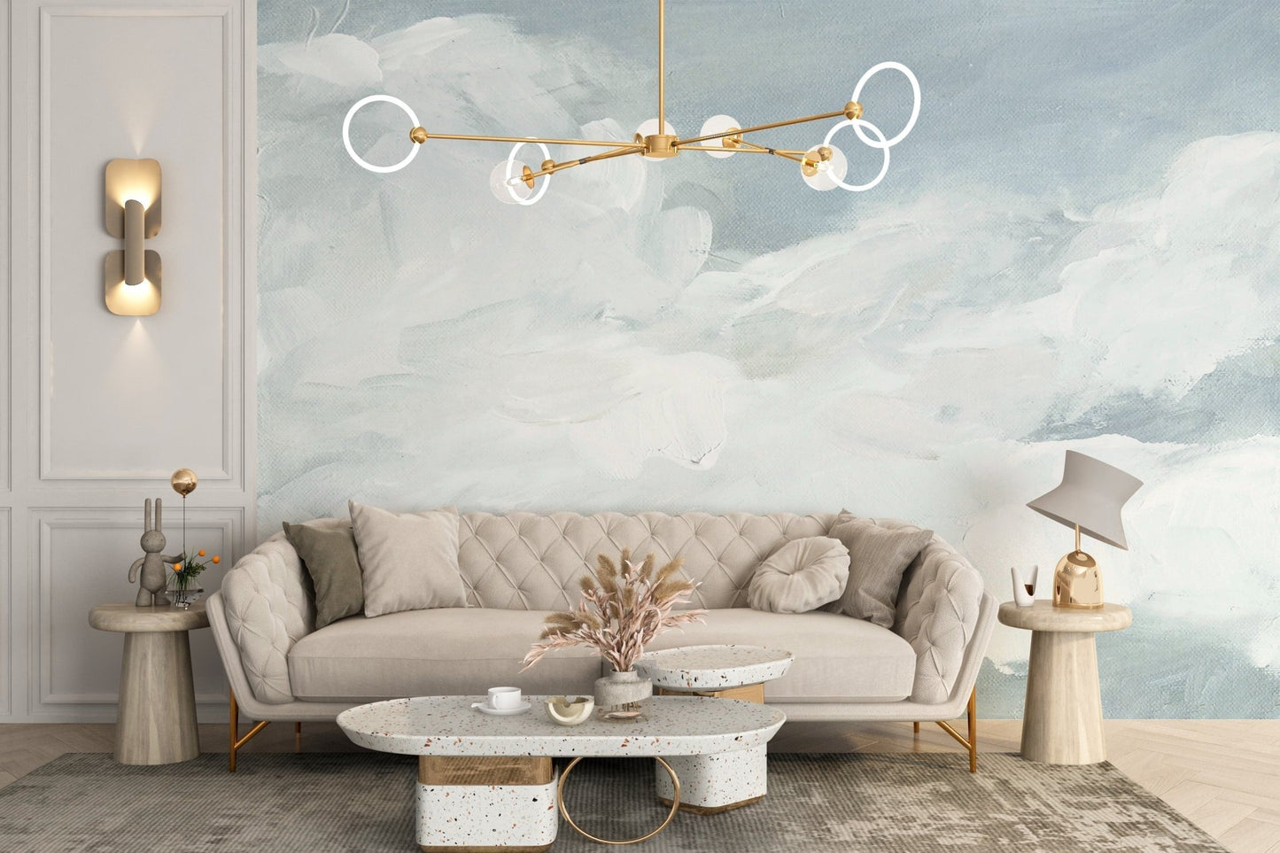 Living room walls shine with watercolor cloud art C445