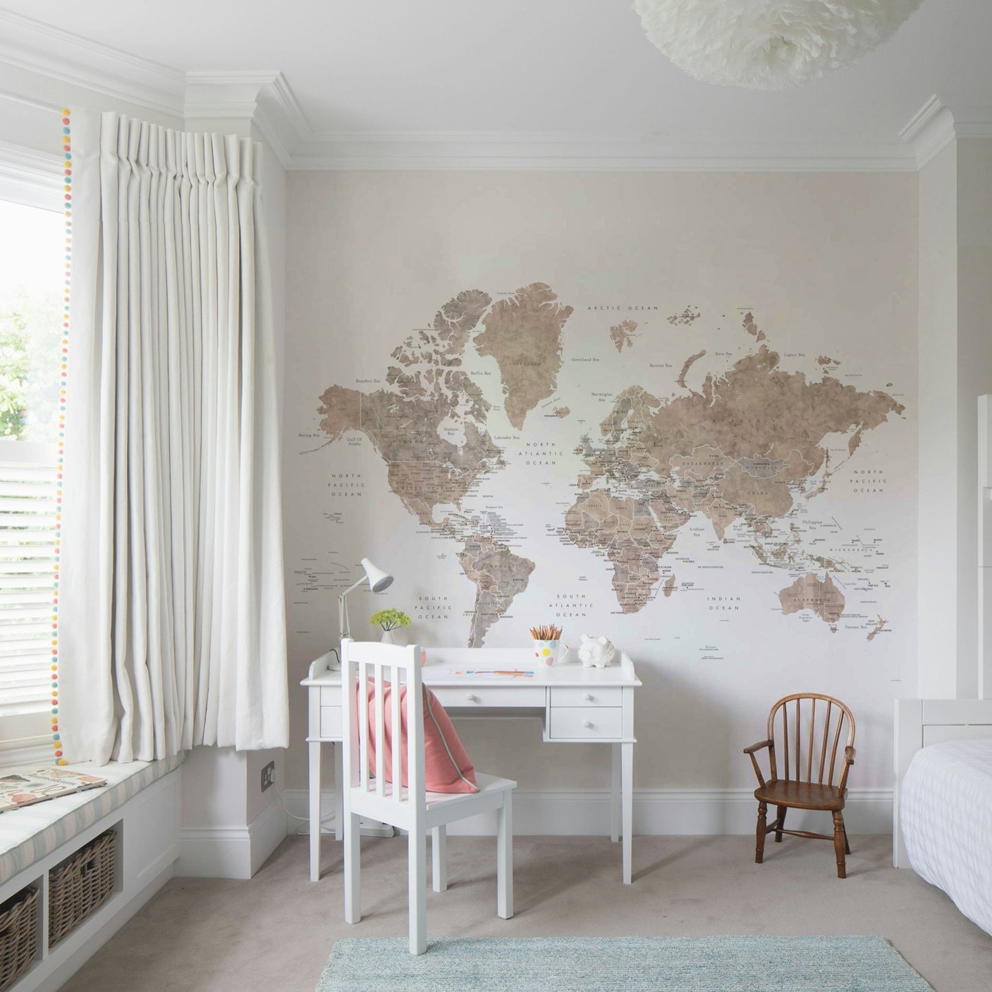 Detailed watercolor world map mural Abey