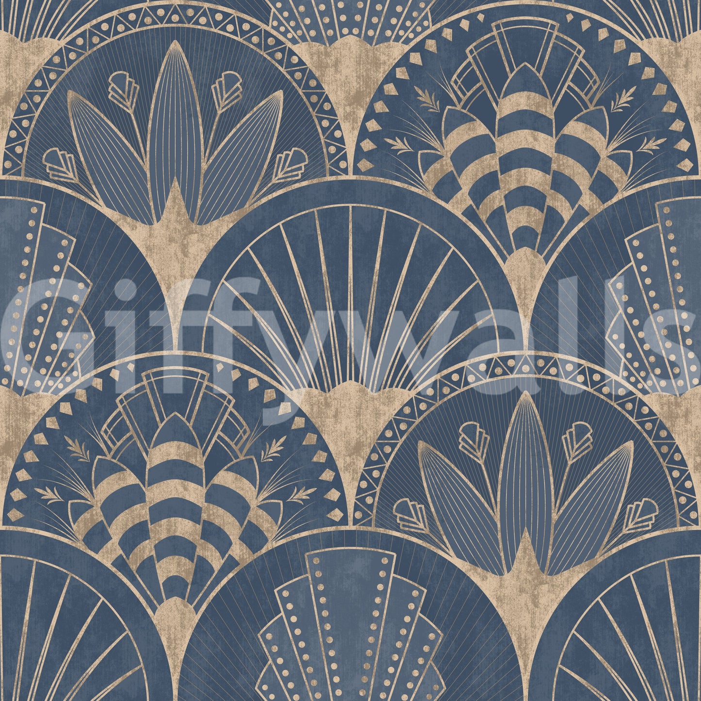 Art Deco Golden fans on blue Wallpaper