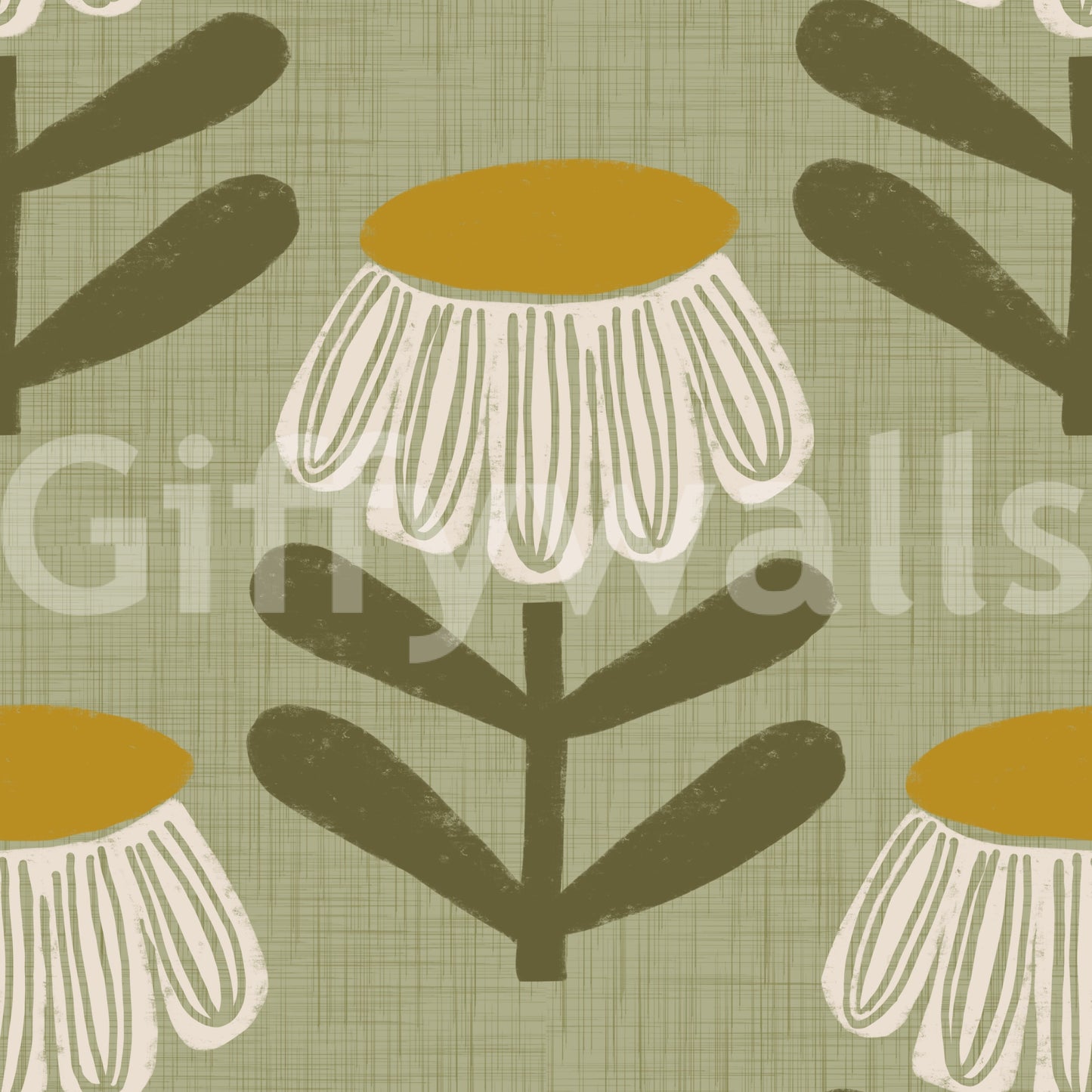 Retro wallpaper with sage daisy flowers
